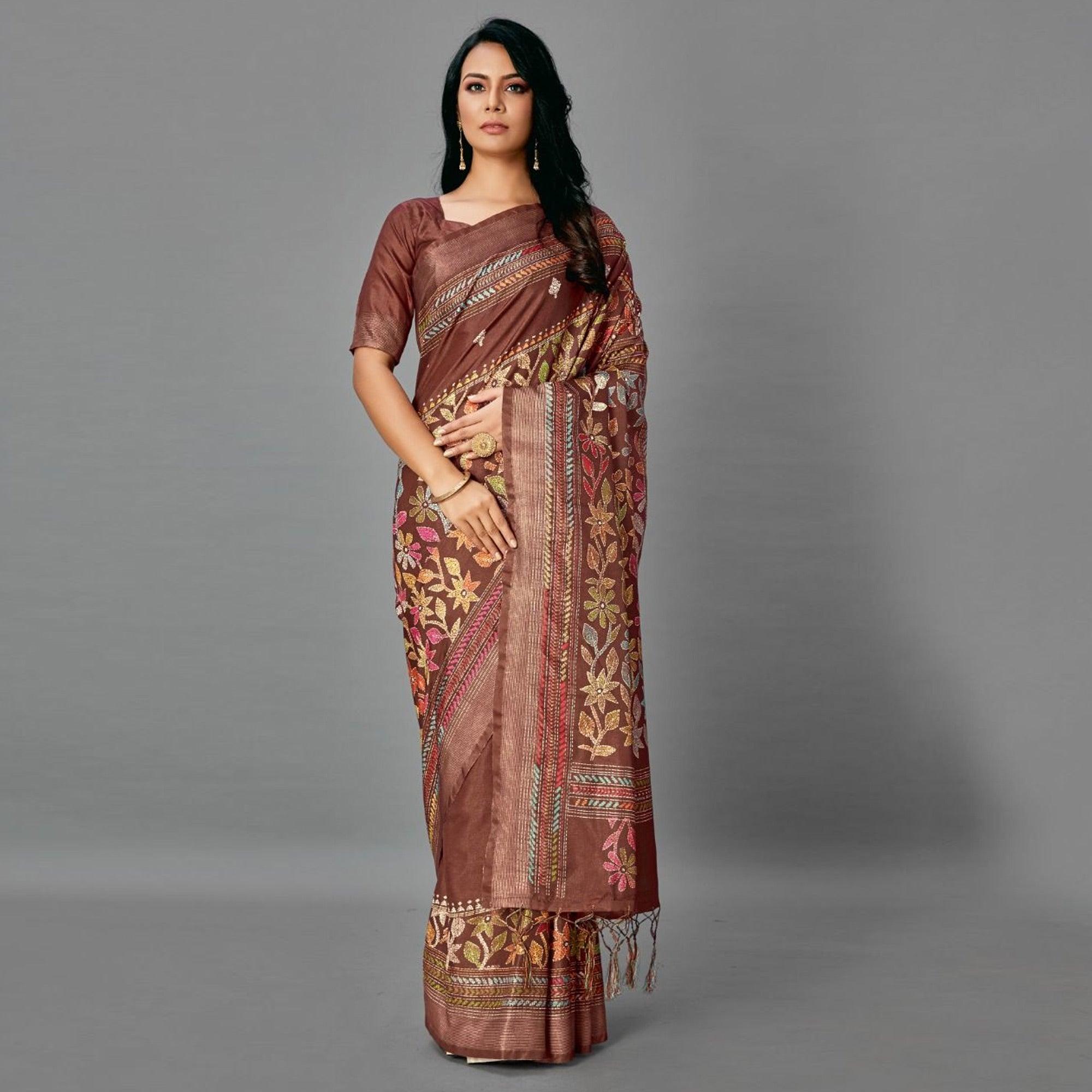 Brown Casual Art Silk Printed Saree With Unstitched Blouse - Peachmode
