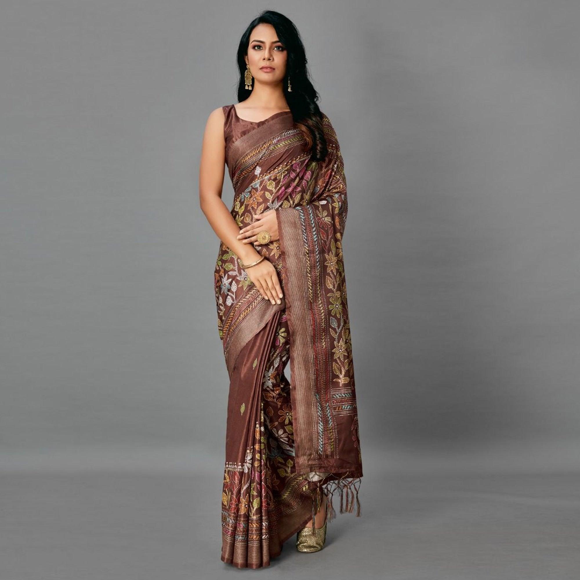 Brown Casual Art Silk Printed Saree With Unstitched Blouse - Peachmode