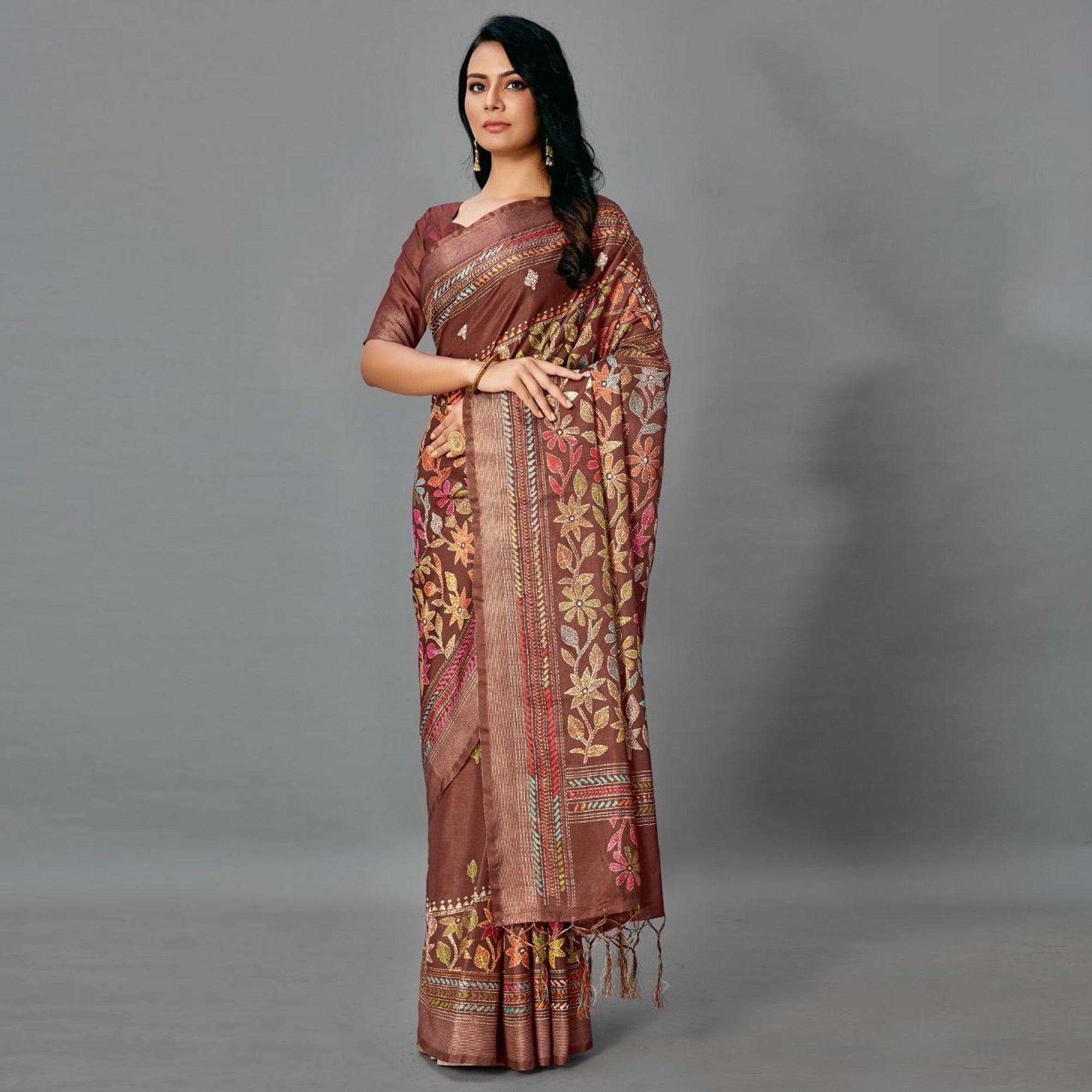 Brown Casual Art Silk Printed Saree With Unstitched Blouse - Peachmode