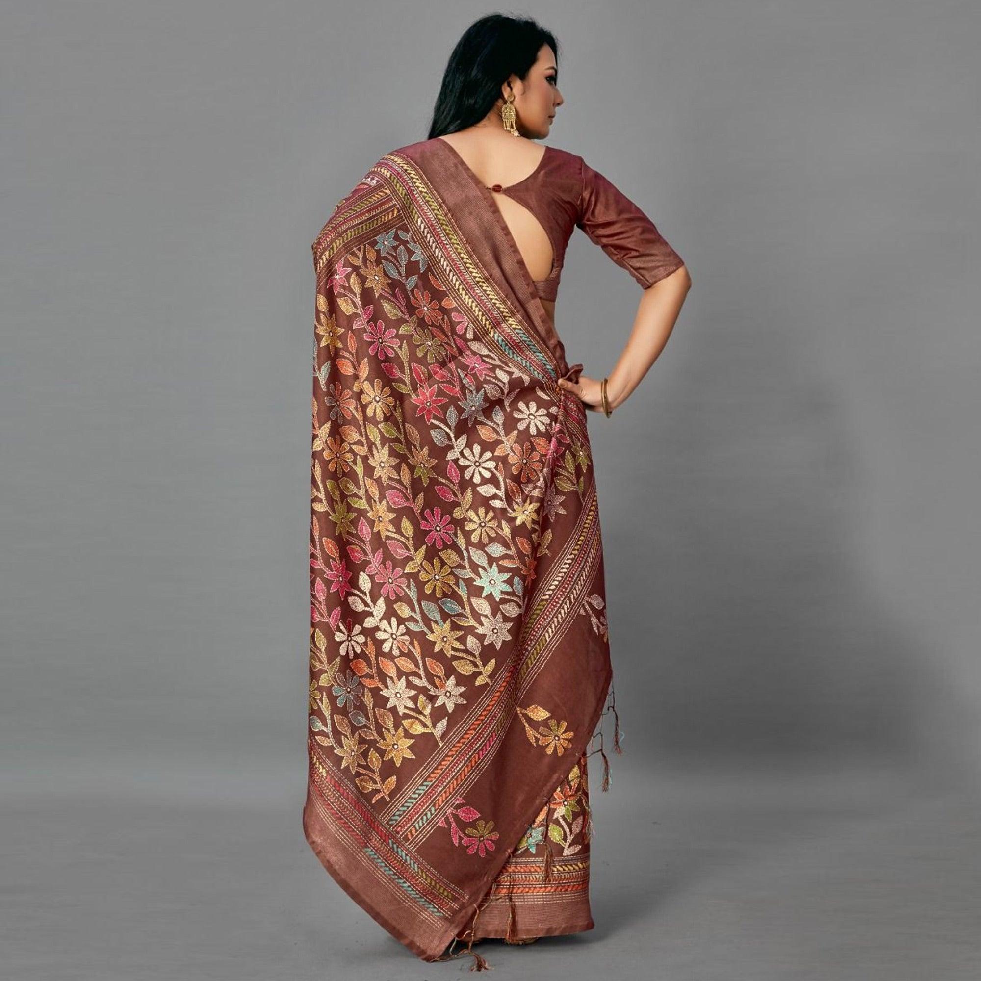 Brown Casual Art Silk Printed Saree With Unstitched Blouse - Peachmode