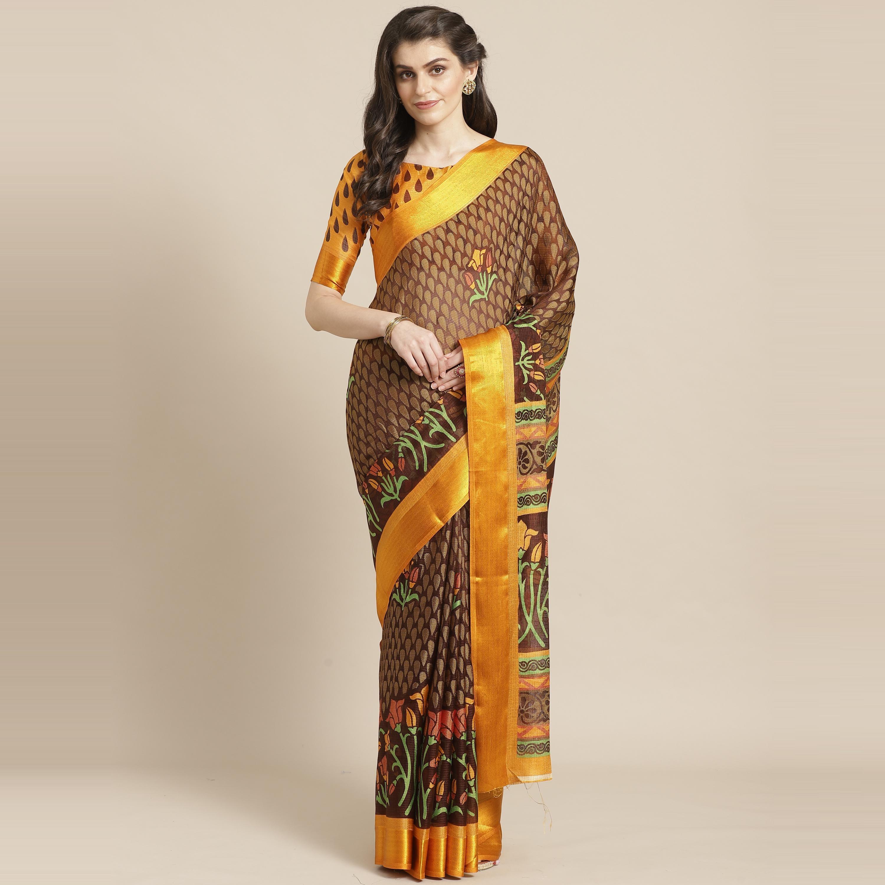 Brown Casual Brasso Printed Saree With Unstitched Blouse - Peachmode