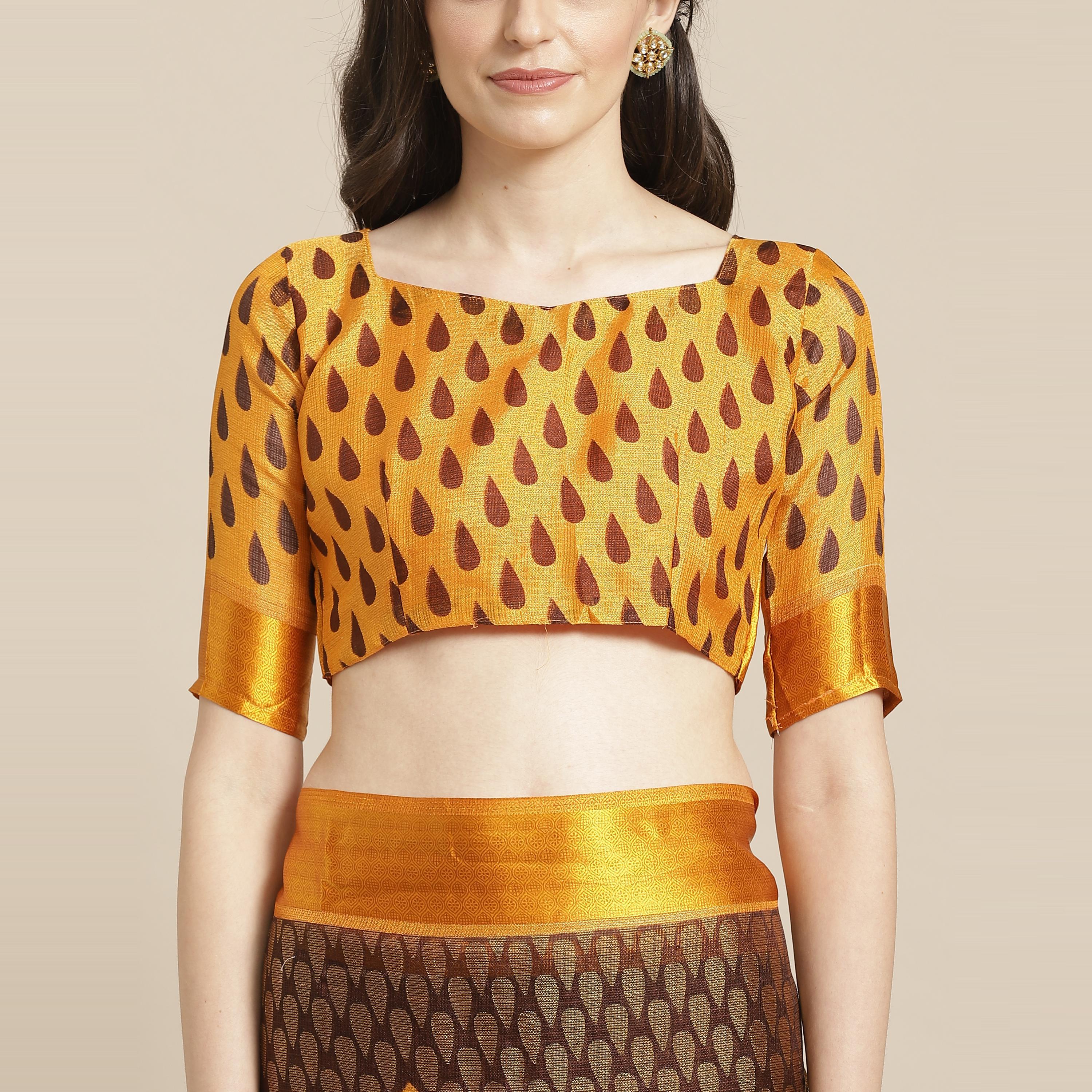 Brown Casual Brasso Printed Saree With Unstitched Blouse - Peachmode