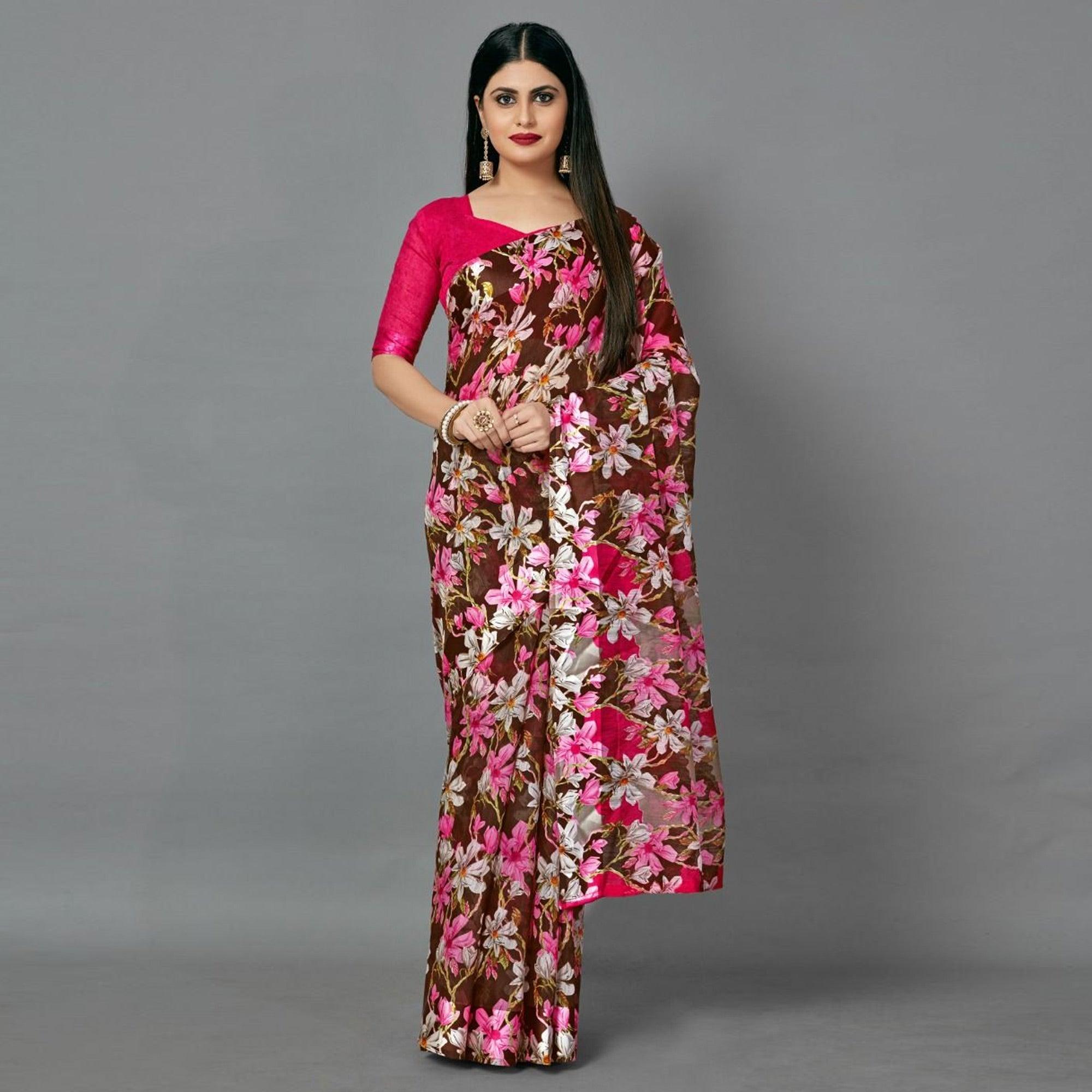 Brown Casual Linen Printed Saree With Unstitched Blouse - Peachmode