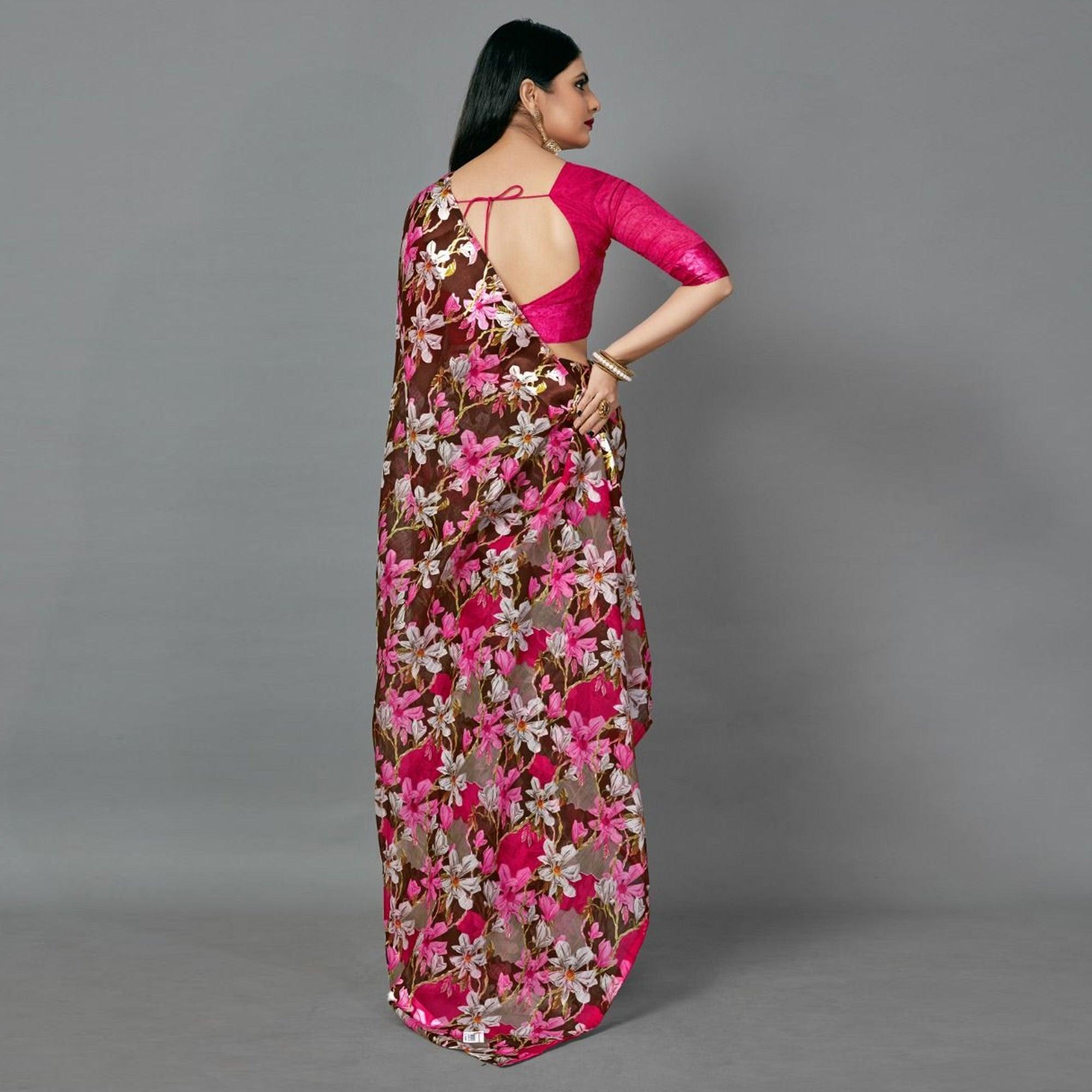 Brown Casual Linen Printed Saree With Unstitched Blouse - Peachmode