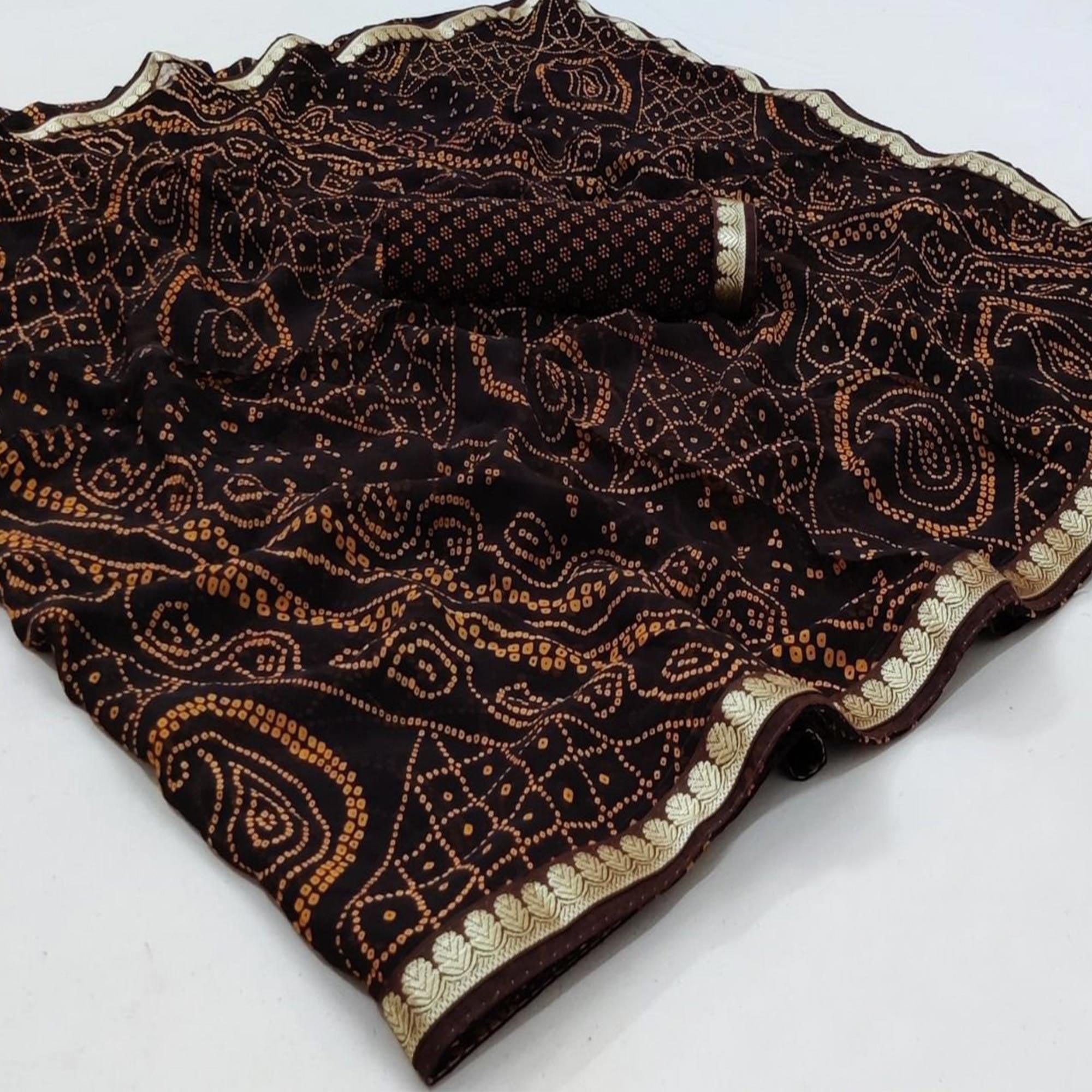 Brown Casual Wear Bandhani Printed Georgette Saree With Fancy Lace - Peachmode