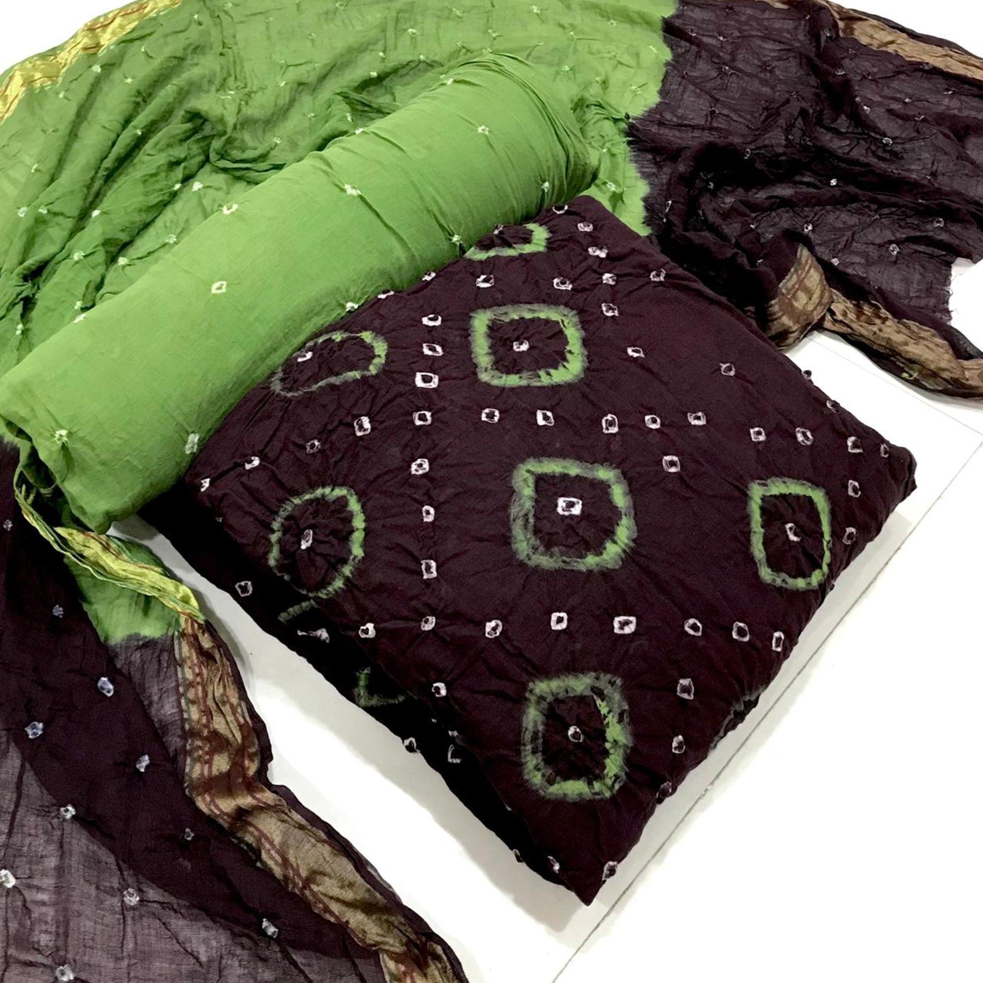 Brown Casual Wear Bandhani Printed Pure Cotton Dress Material - Peachmode