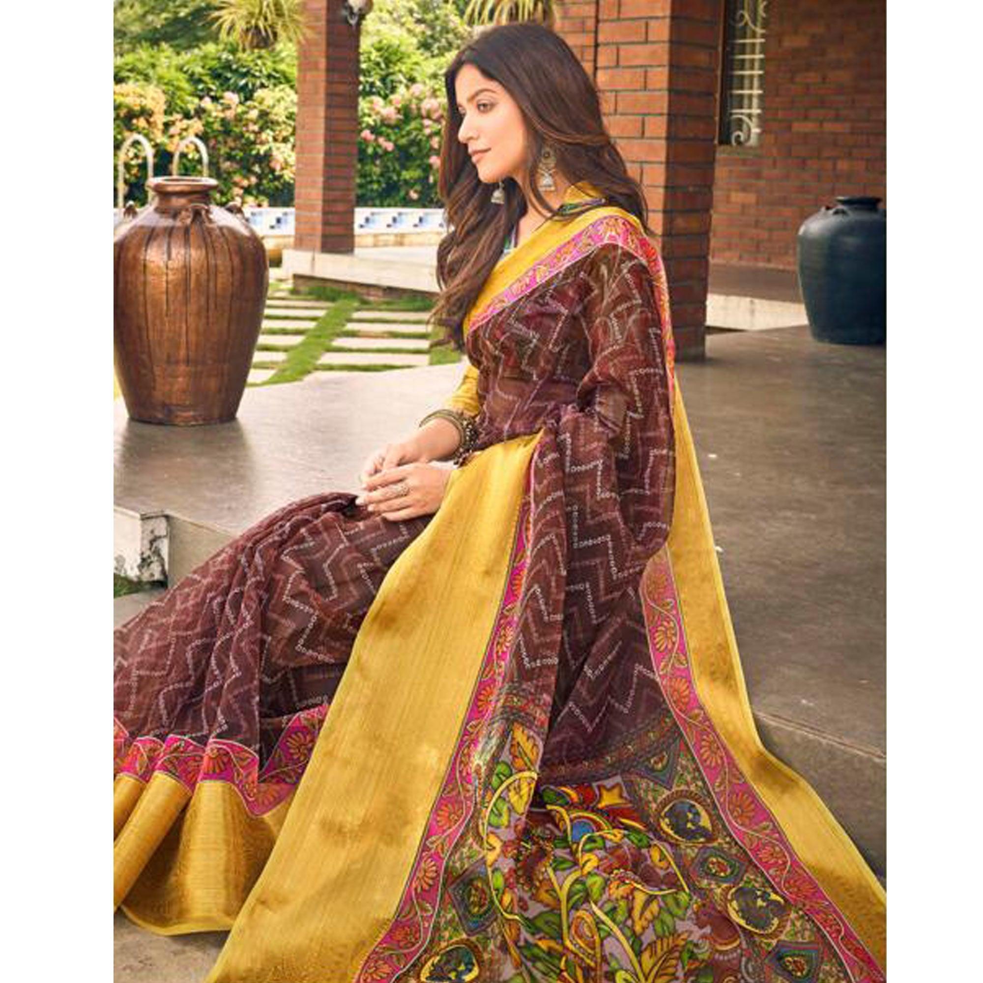 Brown Casual Wear Bandhej Printed Kalamkari Silk Saree - Peachmode