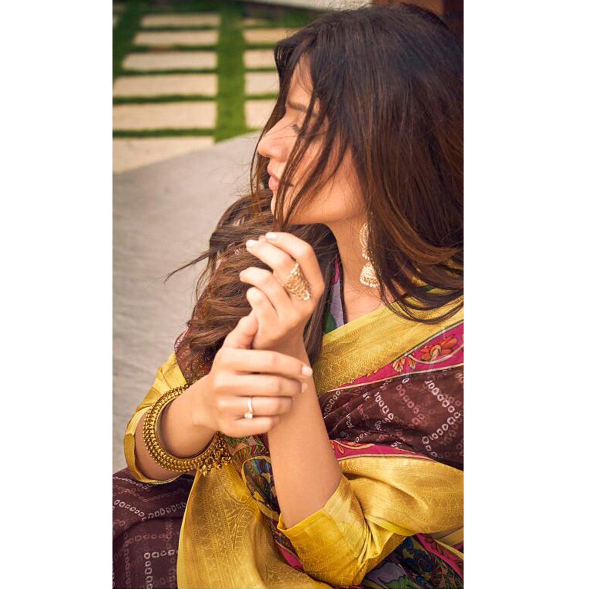Brown Casual Wear Bandhej Printed Kalamkari Silk Saree - Peachmode