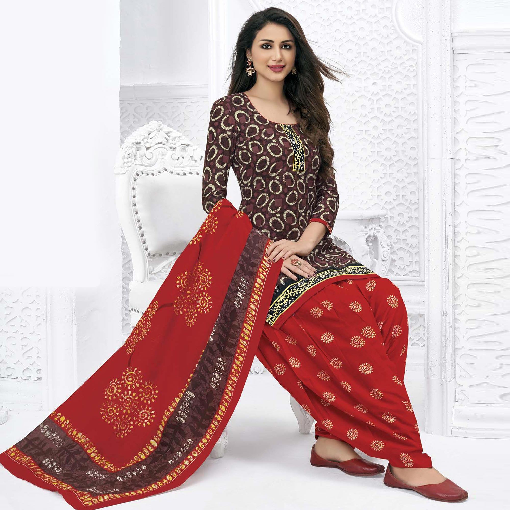 Brown Casual Wear Batik Printed Cotton Patiala Dress Material - Peachmode