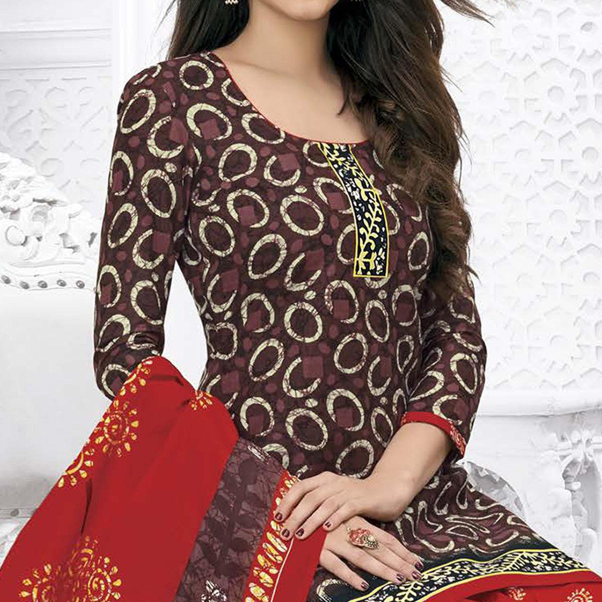 Brown Casual Wear Batik Printed Cotton Patiala Dress Material - Peachmode