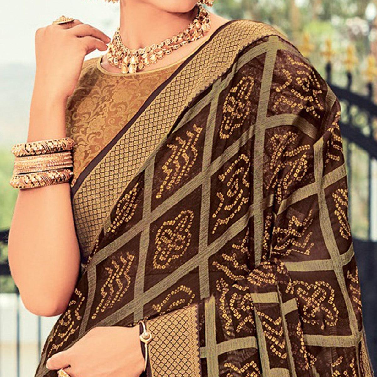 Brown Casual Wear Checks Printed Brasso Saree - Peachmode
