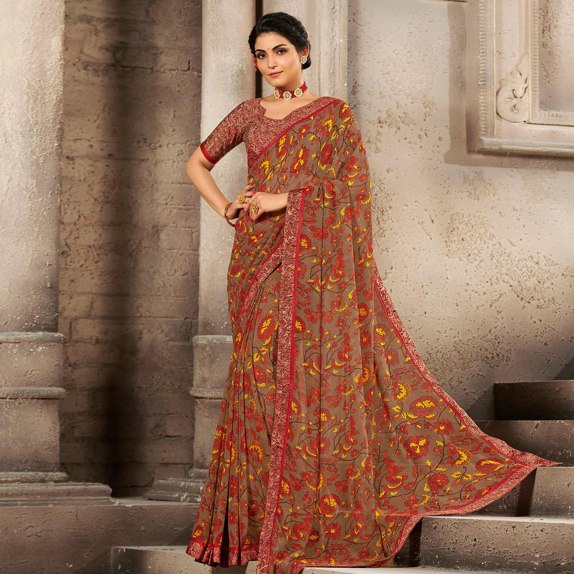 Brown Casual Wear Designer Floral Printed Georgette Saree With Jacquard Lace - Peachmode