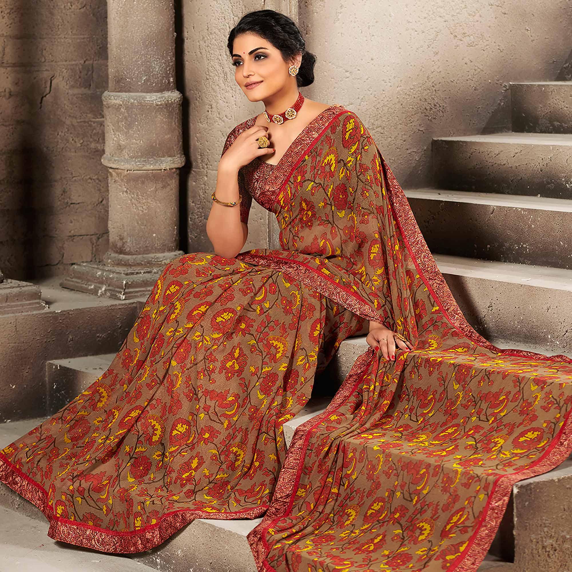 Brown Casual Wear Designer Floral Printed Georgette Saree With Jacquard Lace - Peachmode