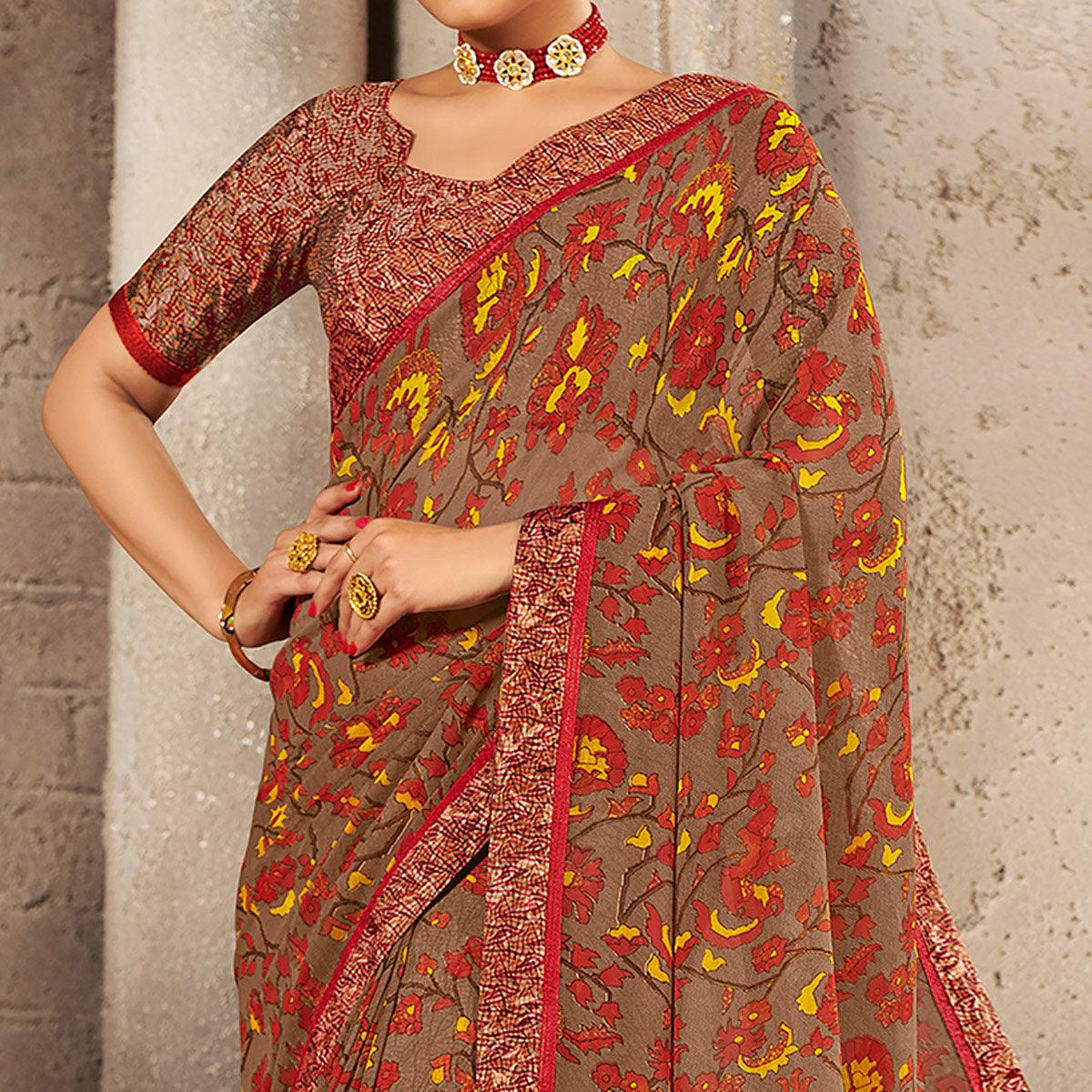 Brown Casual Wear Designer Floral Printed Georgette Saree With Jacquard Lace - Peachmode