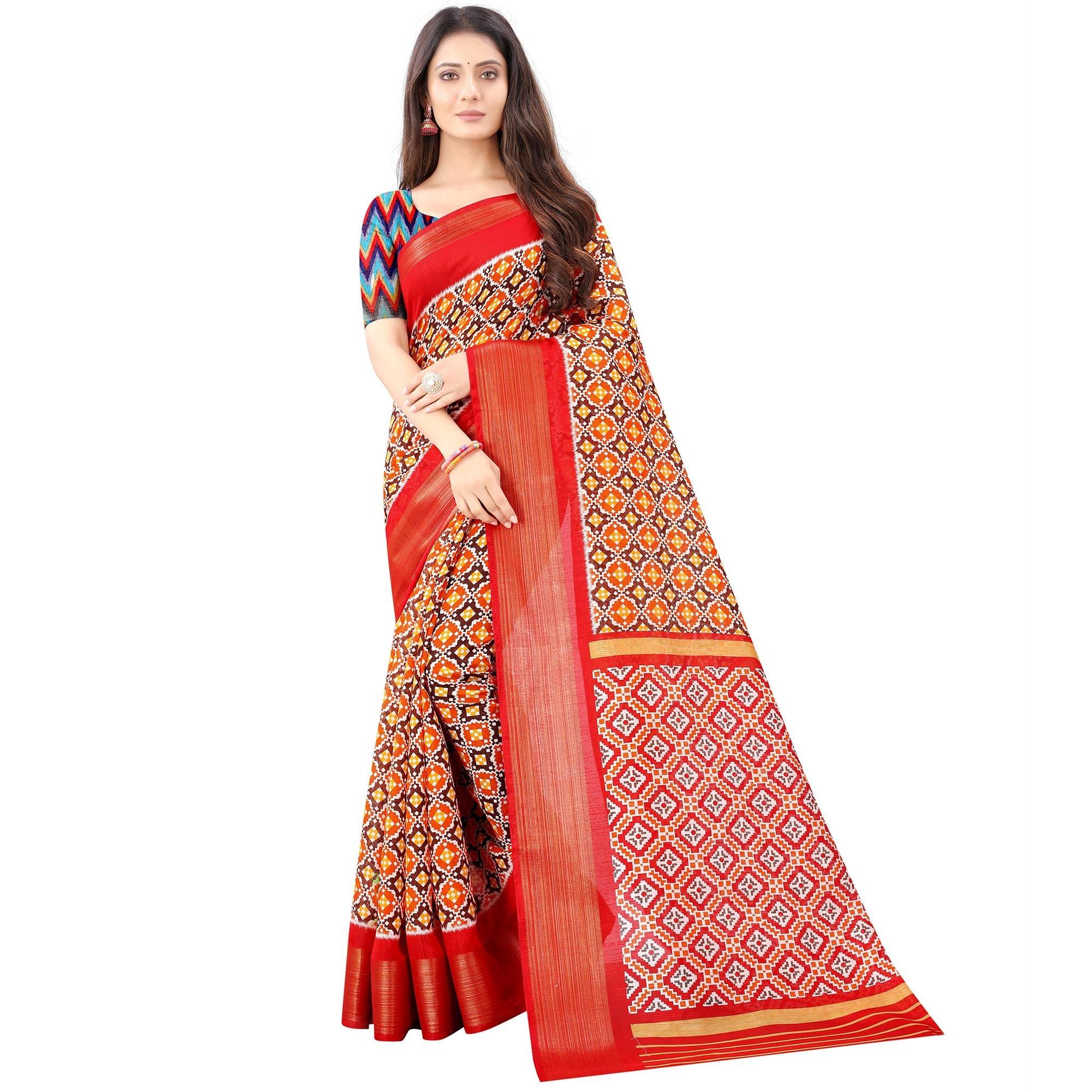 Brown Casual Wear Designer Hand Block Printed Cotton Linen Saree - Peachmode