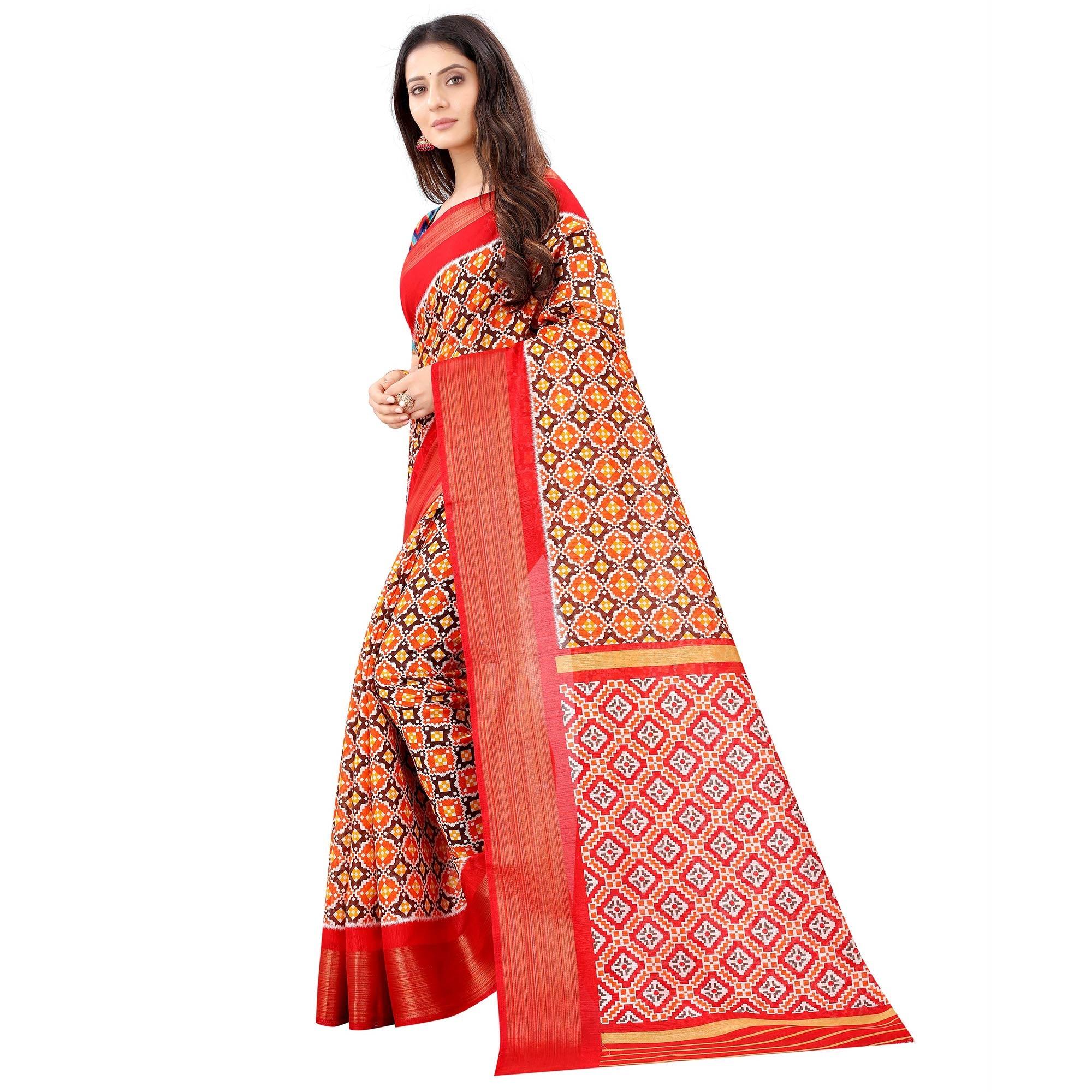 Brown Casual Wear Designer Hand Block Printed Cotton Linen Saree - Peachmode