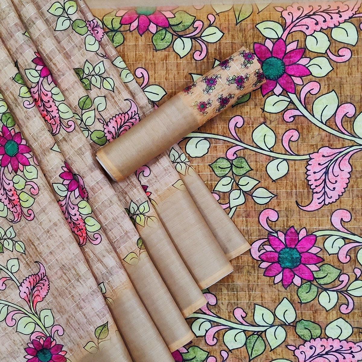 Brown Casual Wear Digital Floral Printed Cotton Silk Saree - Peachmode