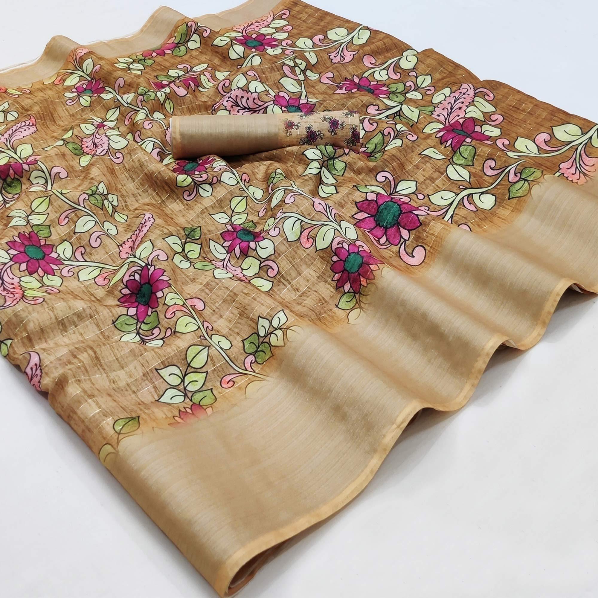 Brown Casual Wear Digital Floral Printed Cotton Silk Saree - Peachmode