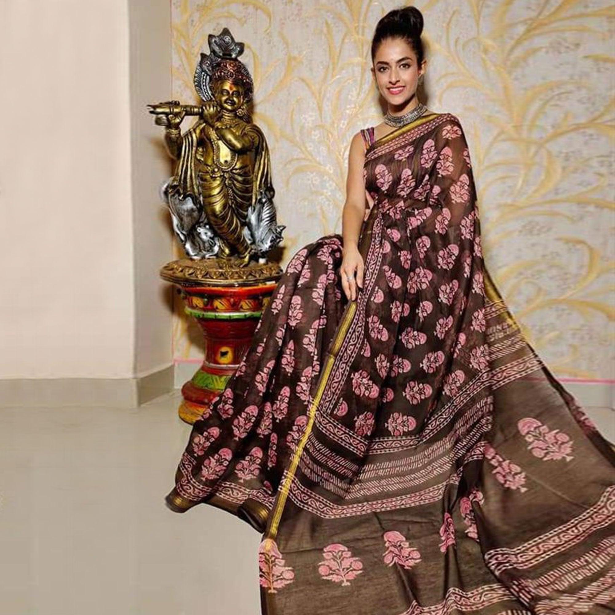 Brown Casual Wear Digital Printed Chanderi Silk Saree - Peachmode