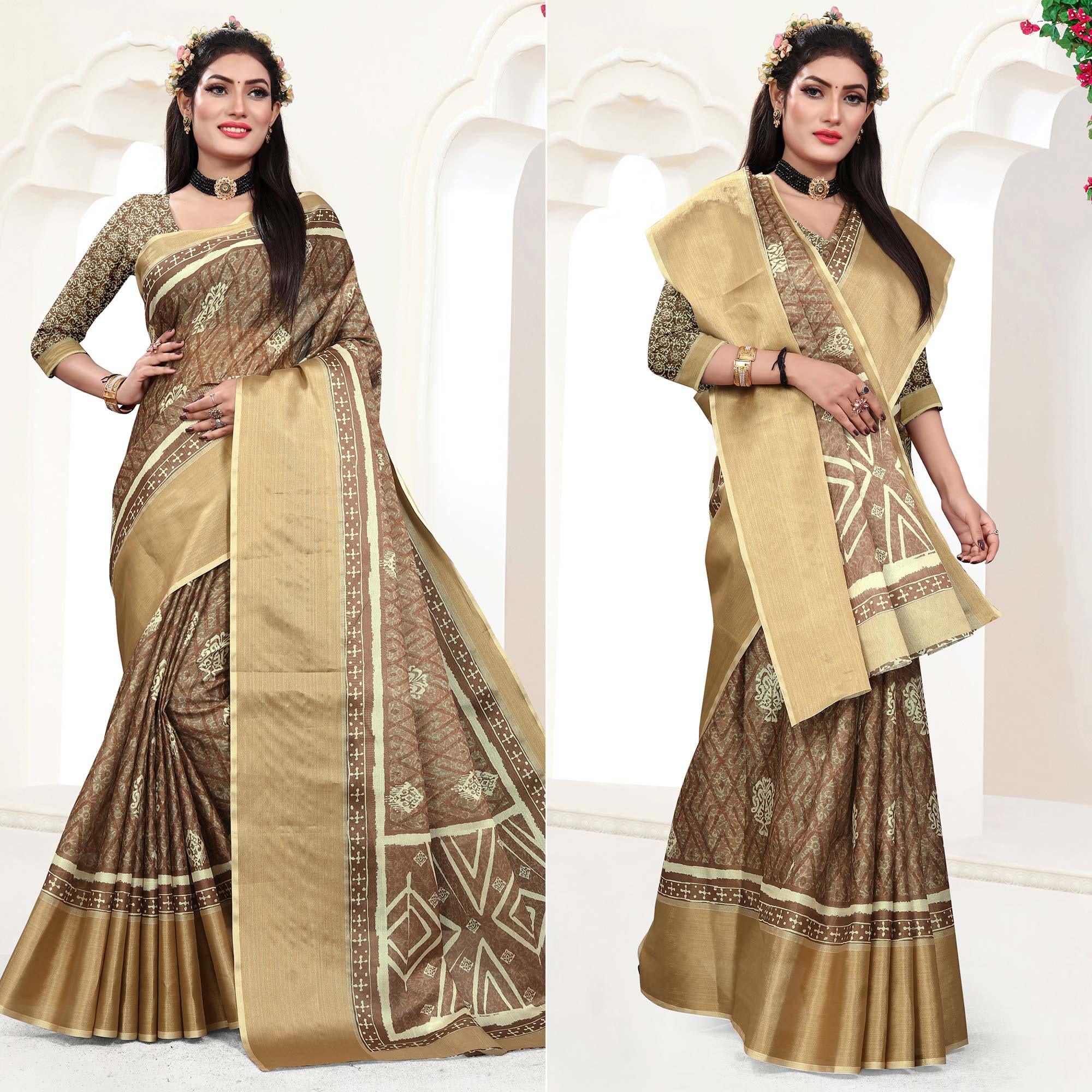 Brown Casual Wear Digital Printed Cotton Silk Saree - Peachmode