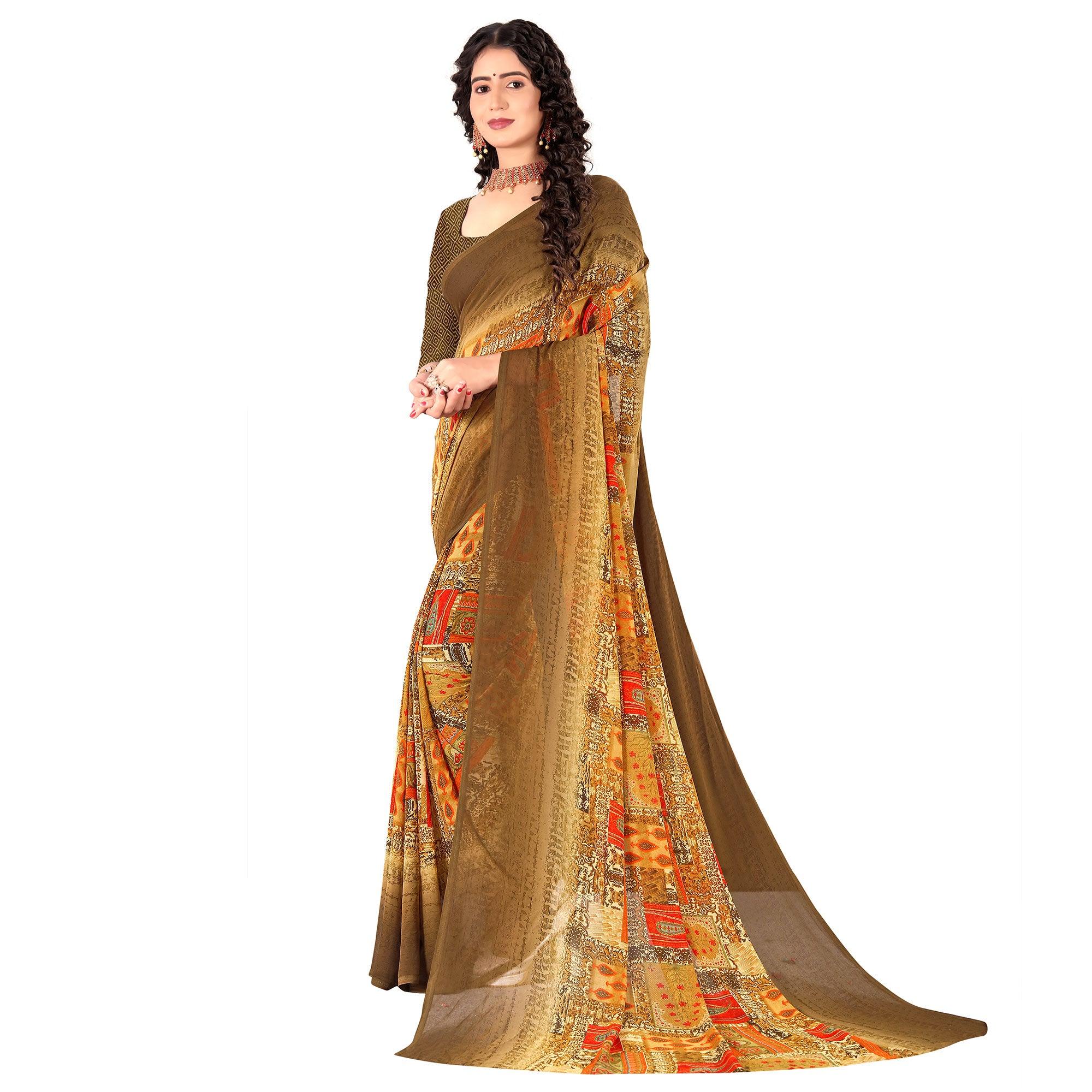 Brown Casual Wear Digital Printed Heavy Georgette Saree - Peachmode