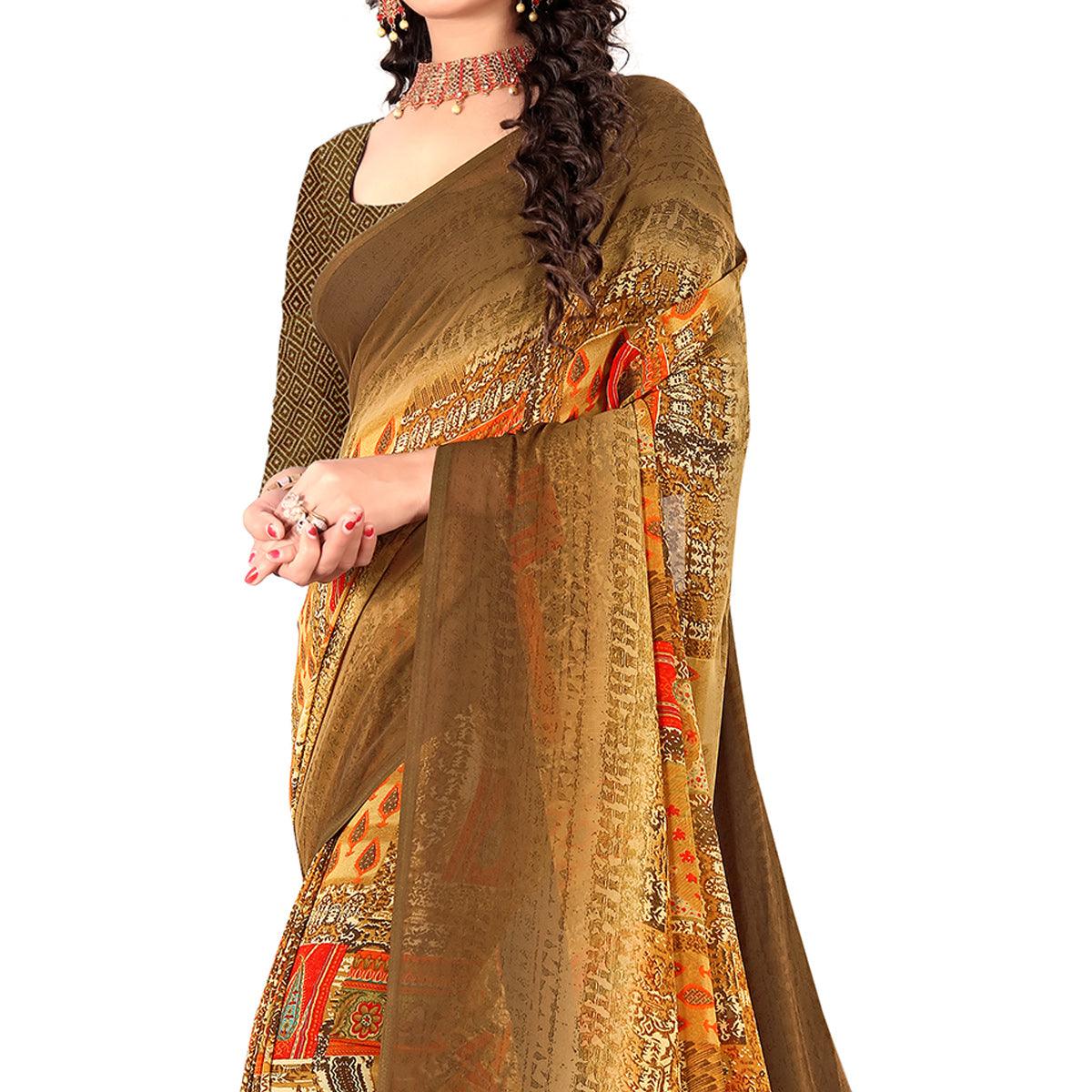 Brown Casual Wear Digital Printed Heavy Georgette Saree - Peachmode