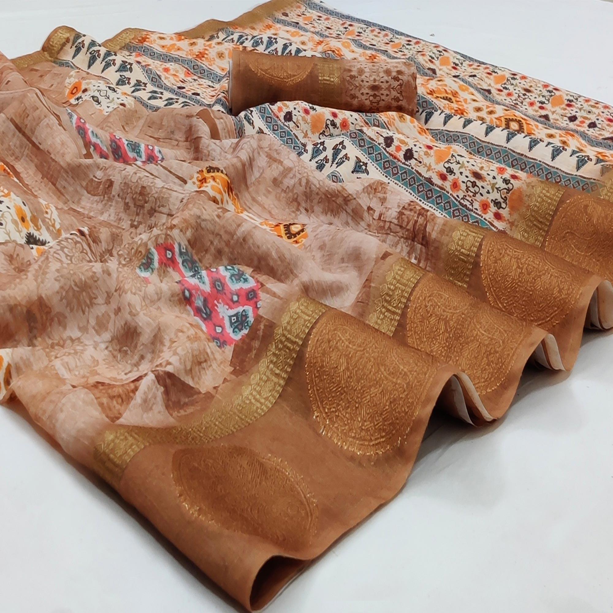 Brown Casual Wear Digital Printed Linen Saree Woven Border - Peachmode