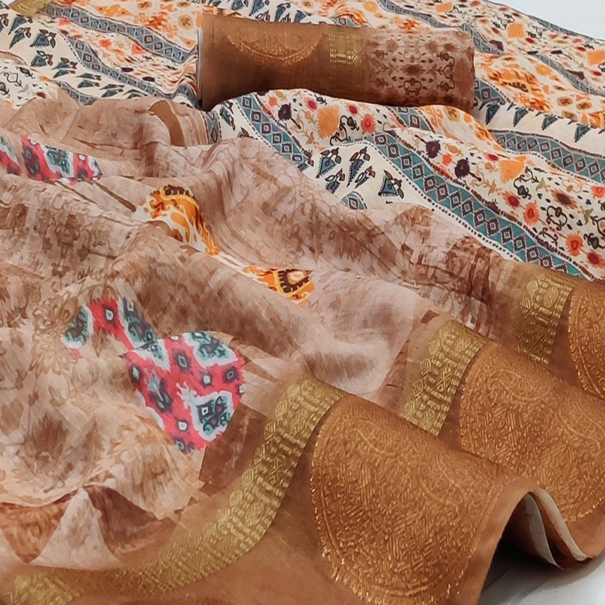 Brown Casual Wear Digital Printed Linen Saree Woven Border - Peachmode