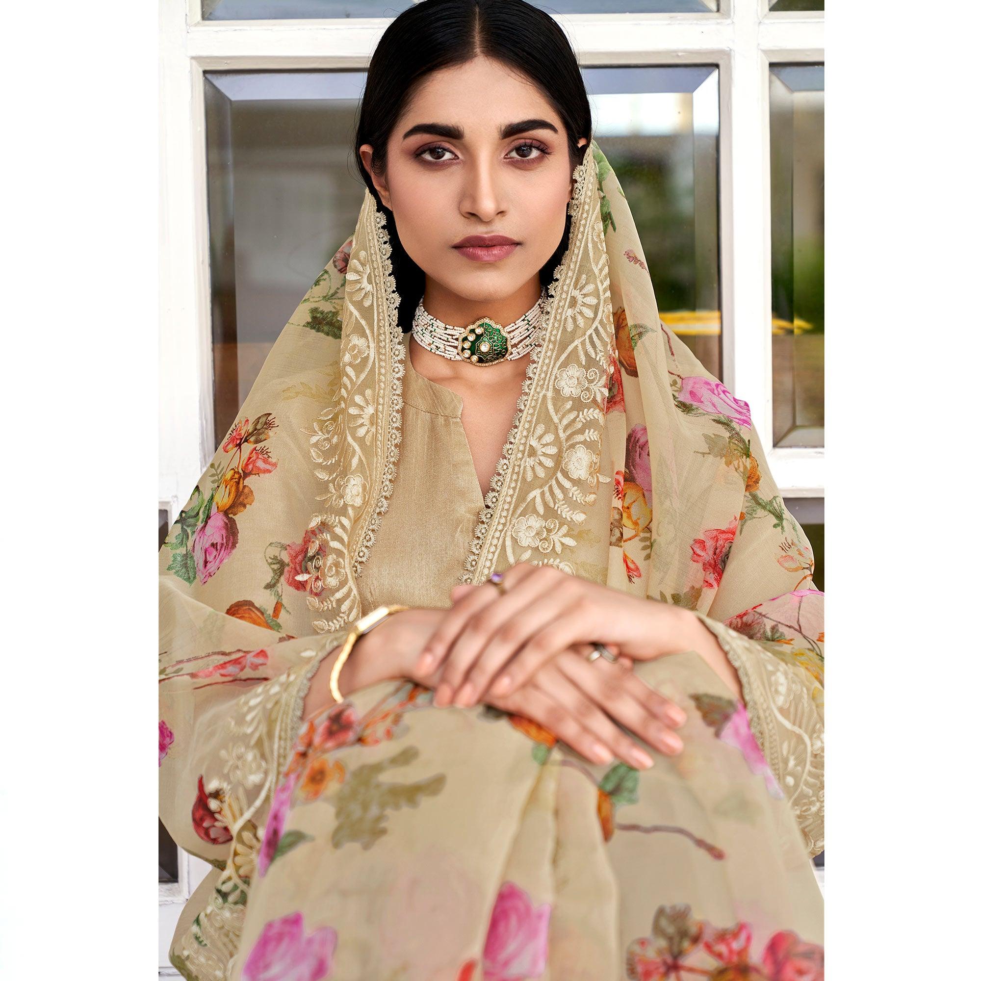 Brown Casual Wear Digital Printed Organza Saree - Peachmode