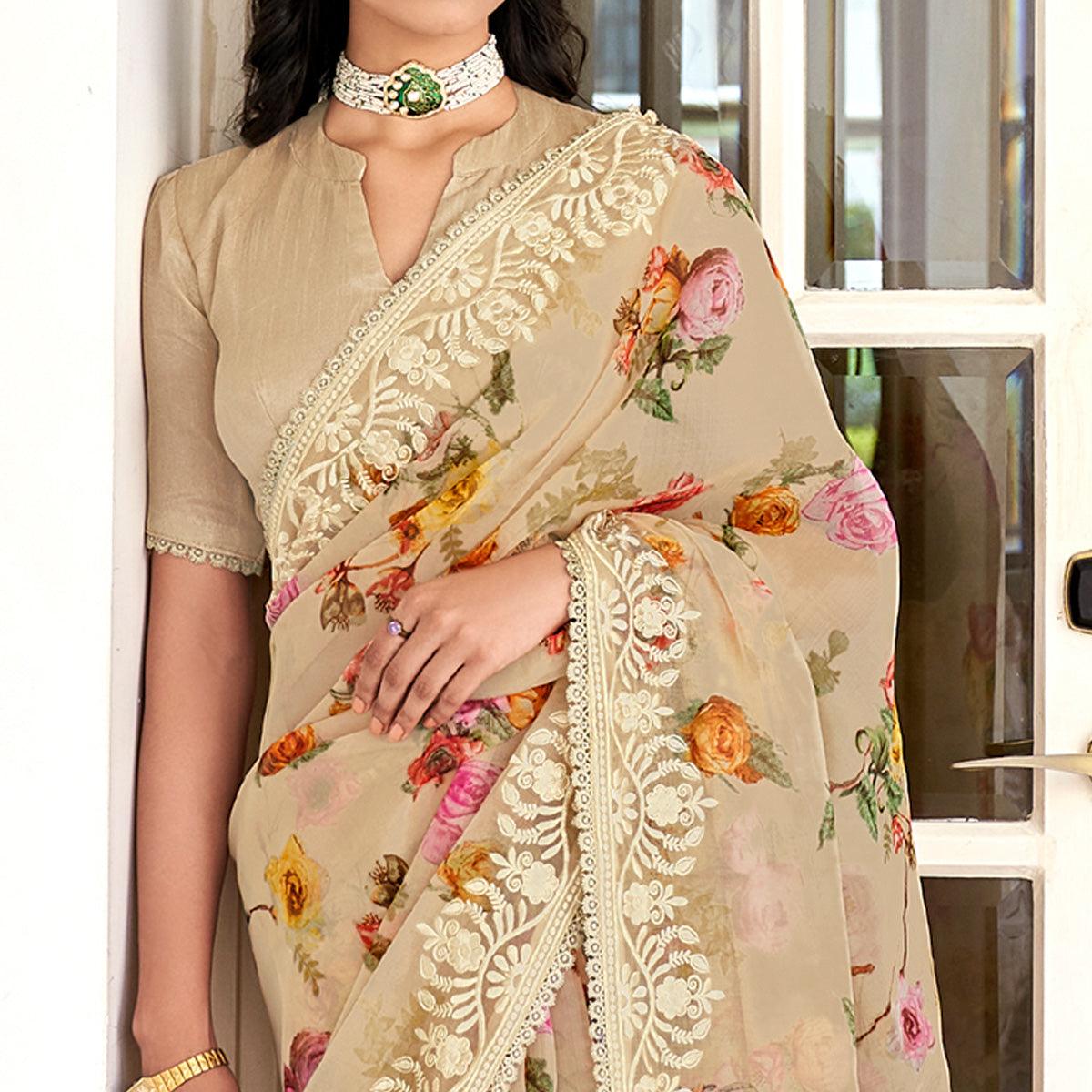 Brown Casual Wear Digital Printed Organza Saree - Peachmode