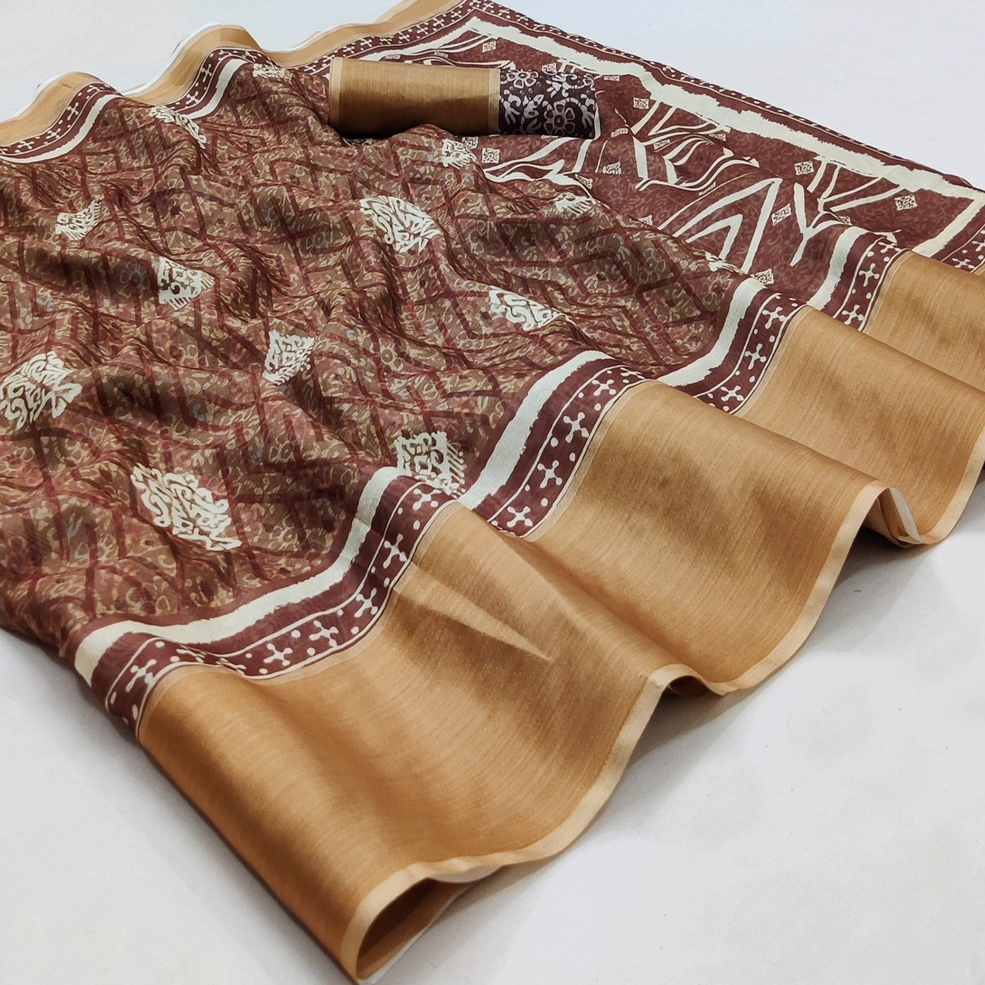 Brown Casual Wear Digital Printed Silk Saree With Zari Jacquard Border - Peachmode