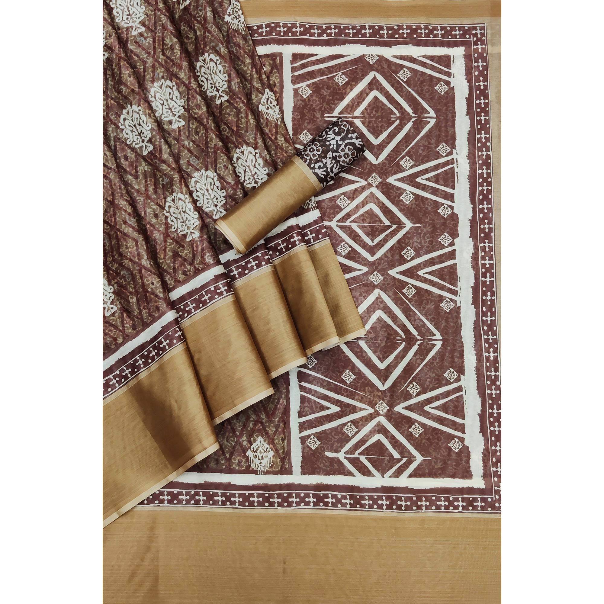 Brown Casual Wear Digital Printed Silk Saree With Zari Jacquard Border - Peachmode