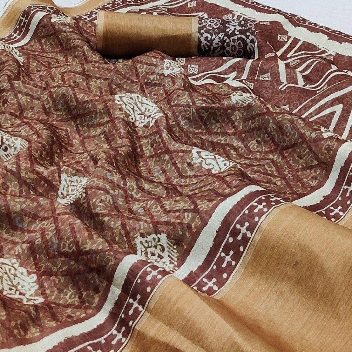 Brown Casual Wear Digital Printed Silk Saree With Zari Jacquard Border - Peachmode