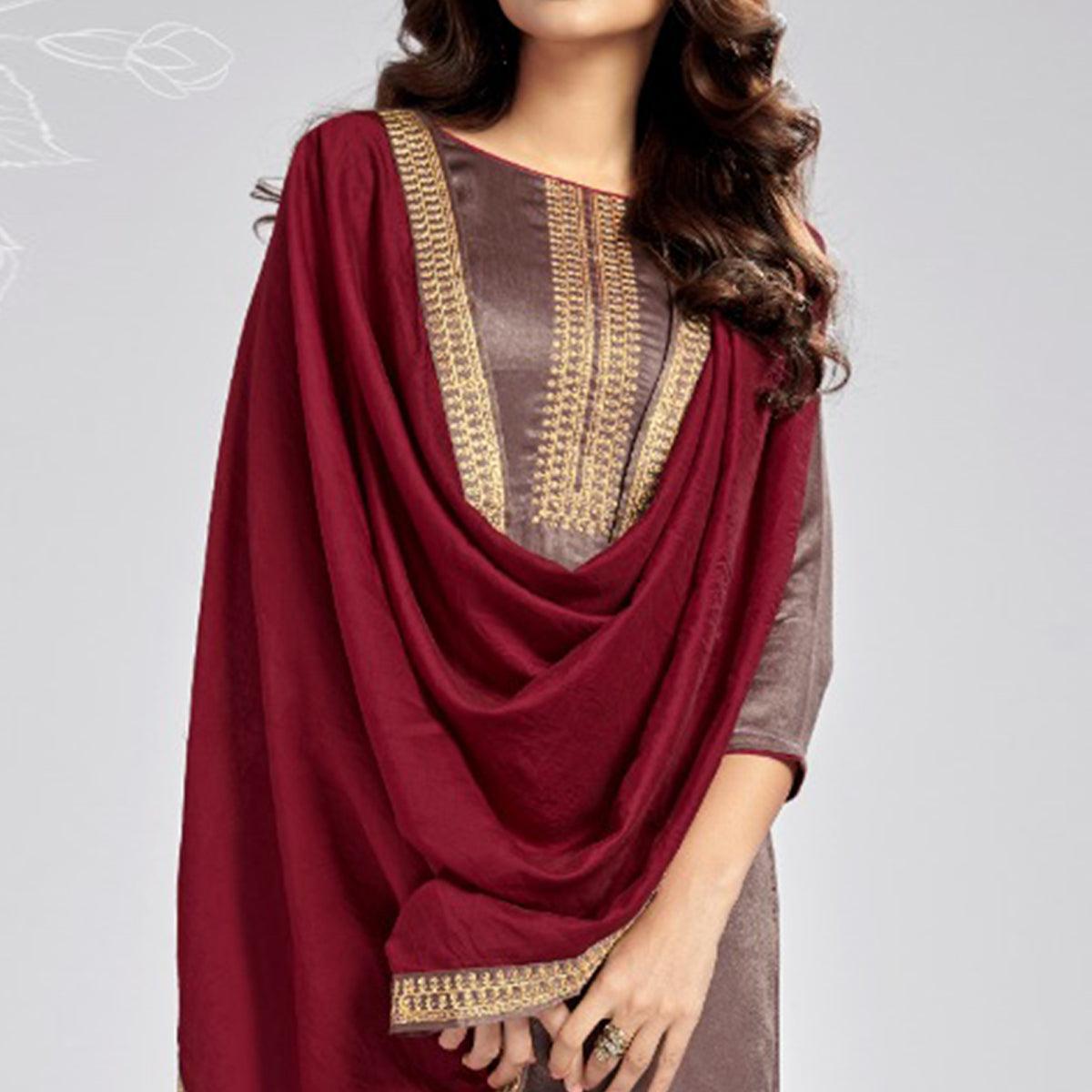 Brown Casual Wear Embroidered Sanaya Silk Dress Material - Peachmode