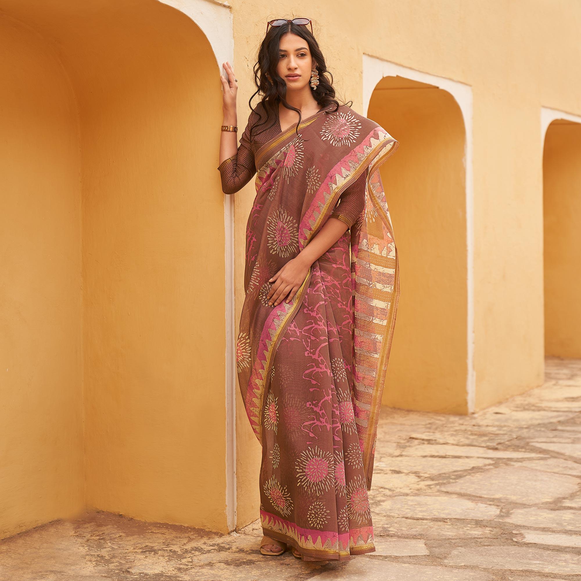 Brown Casual Wear Fancy Printed Linen Saree - Peachmode