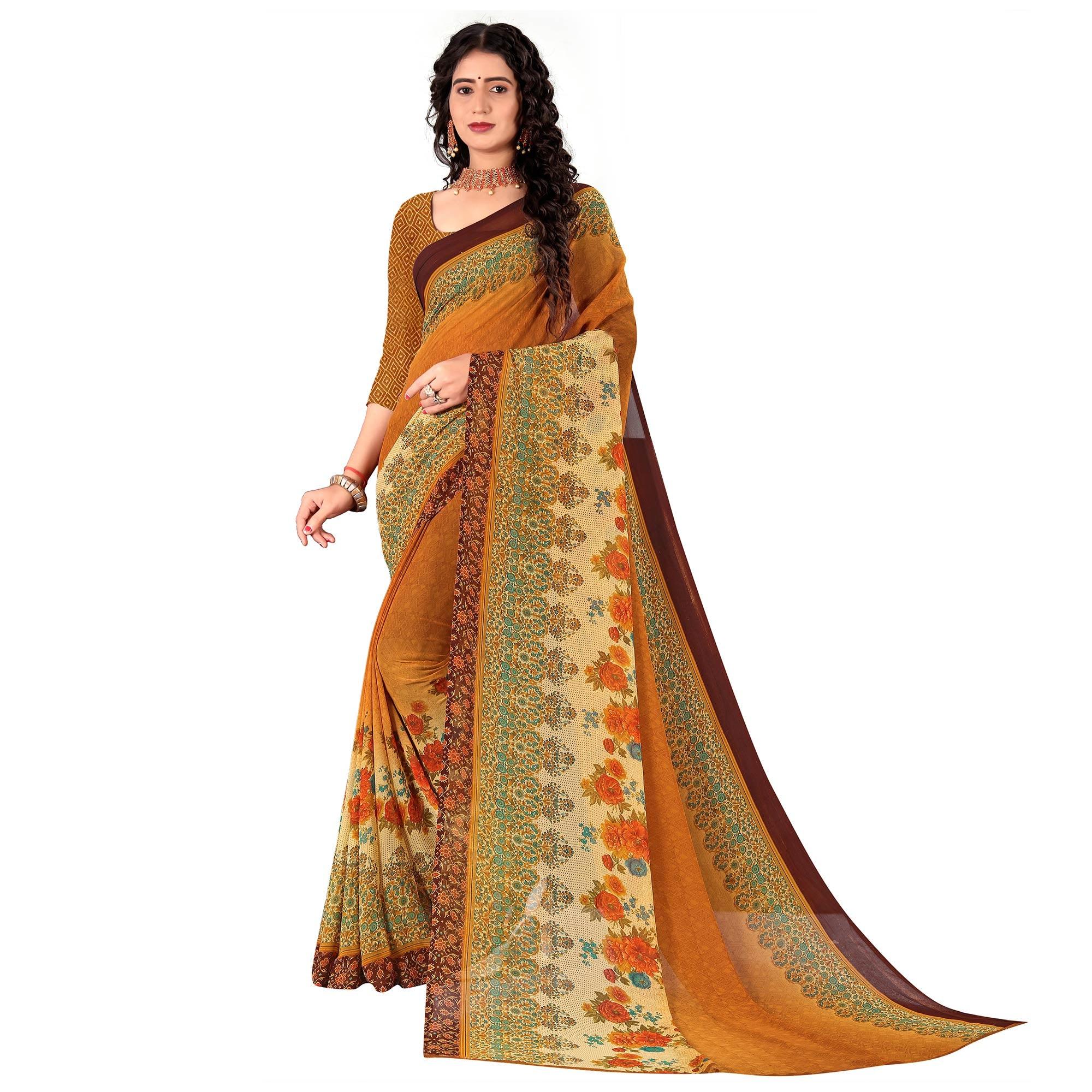 Brown Casual Wear Floral Digital Printed Heavy Georgette Saree - Peachmode