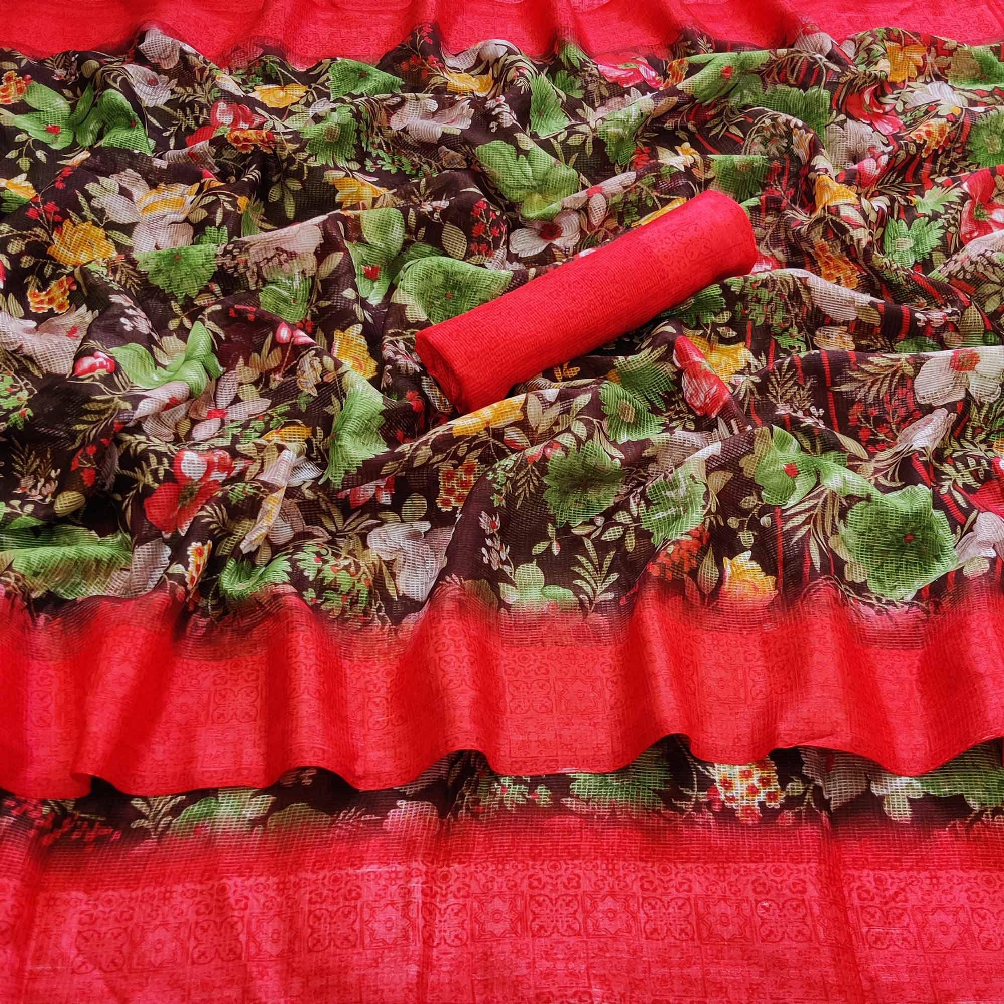 Brown Casual Wear Floral Digital Printed linen Saree - Peachmode
