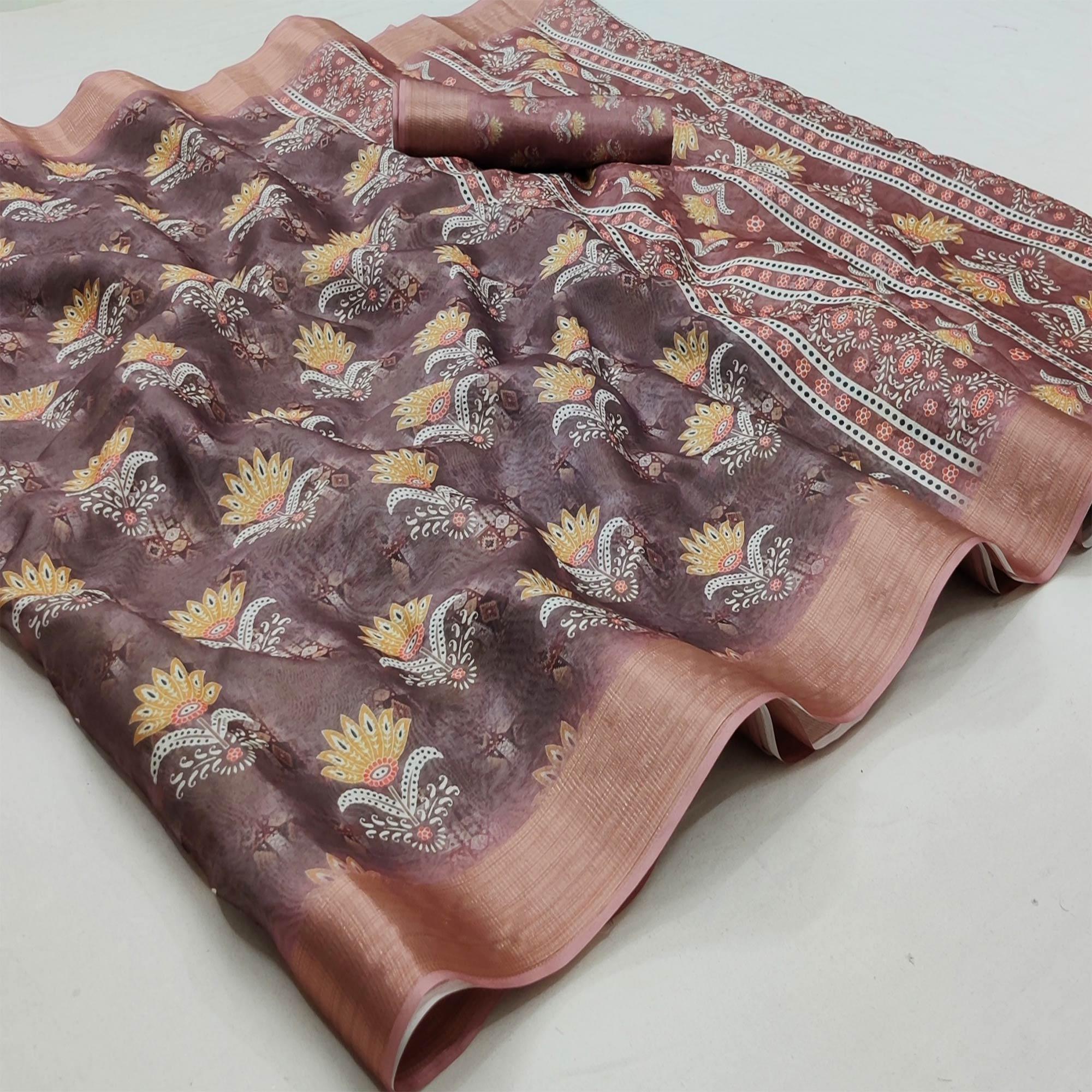 Brown Casual Wear Floral Digital Printed Silk Saree With Jacquard Border - Peachmode