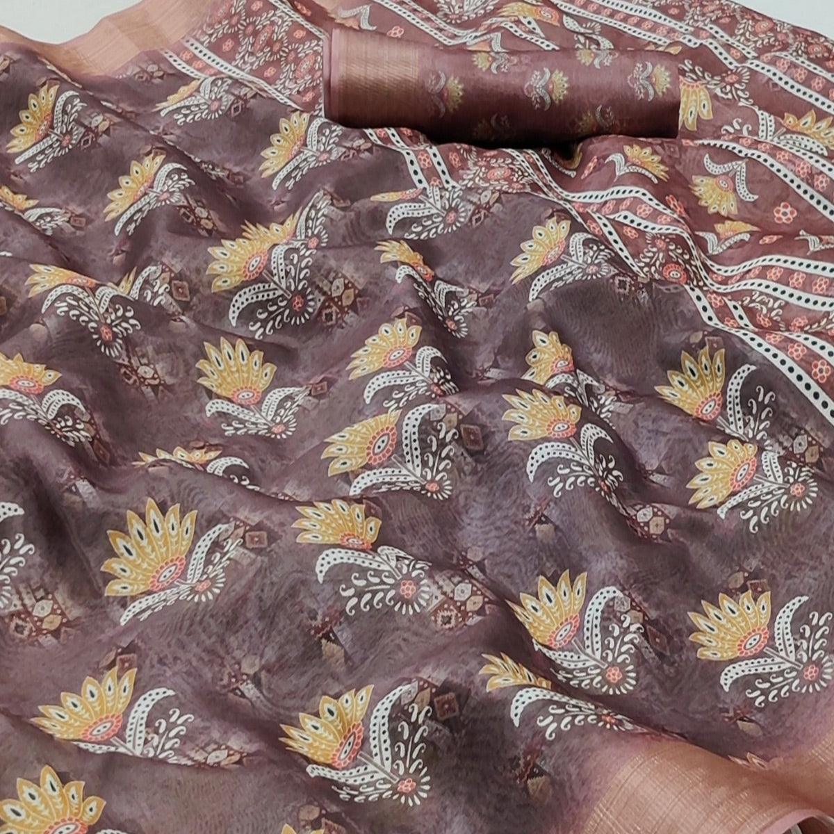 Brown Casual Wear Floral Digital Printed Silk Saree With Jacquard Border - Peachmode