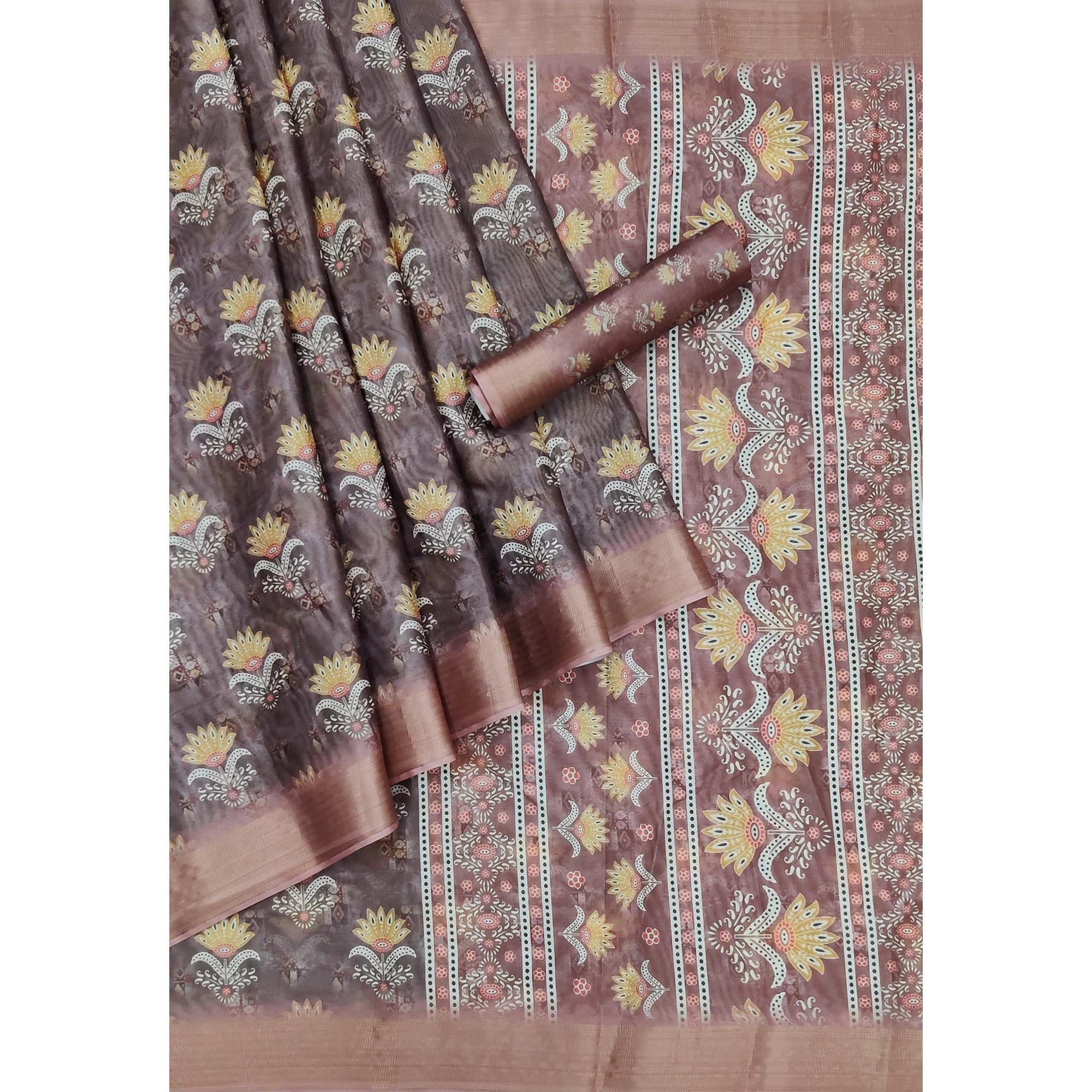 Brown Casual Wear Floral Digital Printed Silk Saree With Jacquard Border - Peachmode