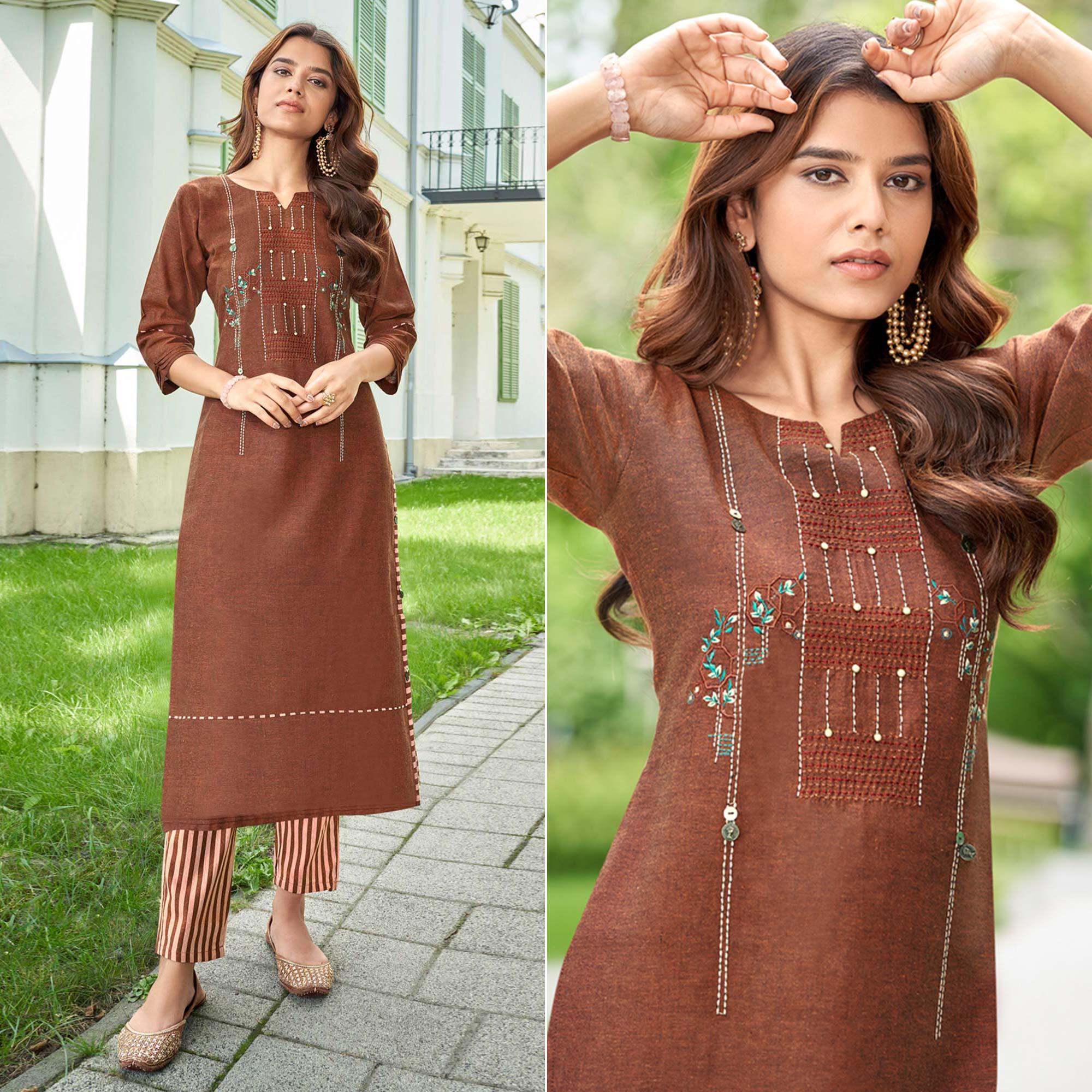 Brown Casual Wear Floral Embroidered Cotton Kurti Pant Set - Peachmode