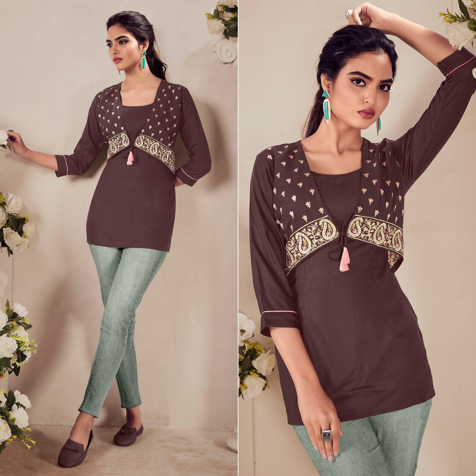 Brown Casual Wear Floral Embroidered Rayon Top - Peachmode