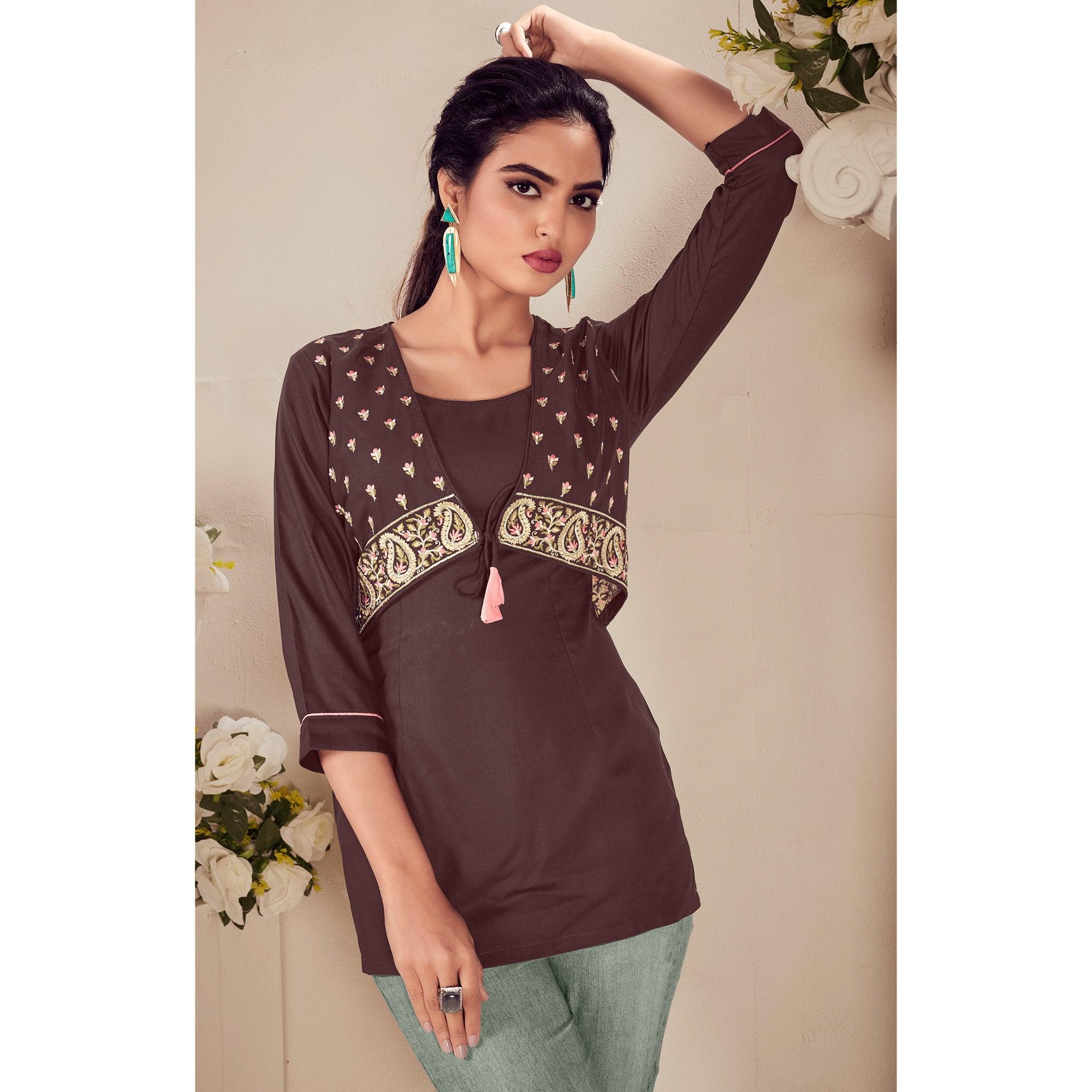 Brown Casual Wear Floral Embroidered Rayon Top - Peachmode