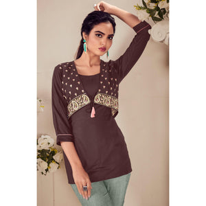 Brown Casual Wear Floral Embroidered Rayon Top - Peachmode