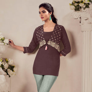 Brown Casual Wear Floral Embroidered Rayon Top - Peachmode