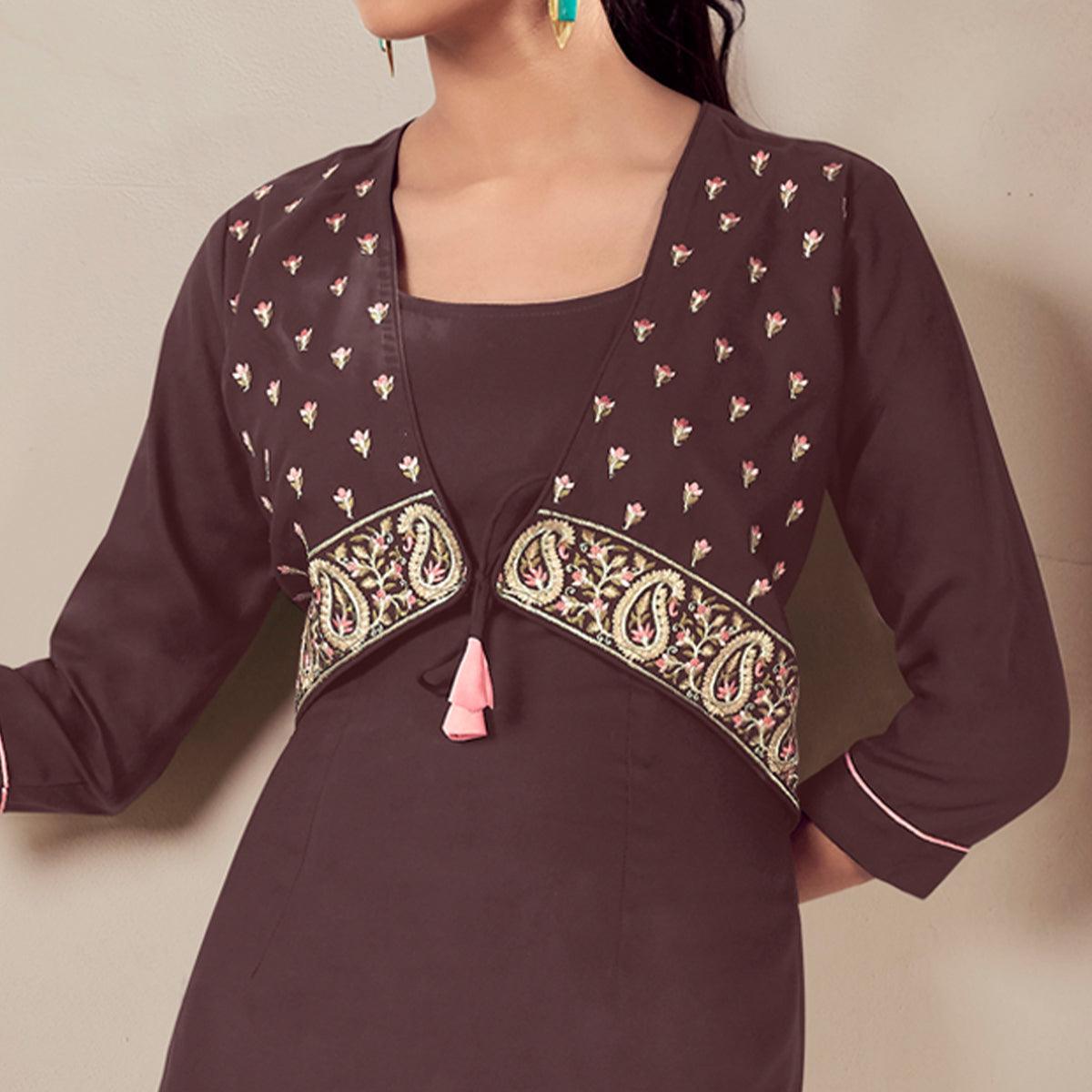 Brown Casual Wear Floral Embroidered Rayon Top - Peachmode