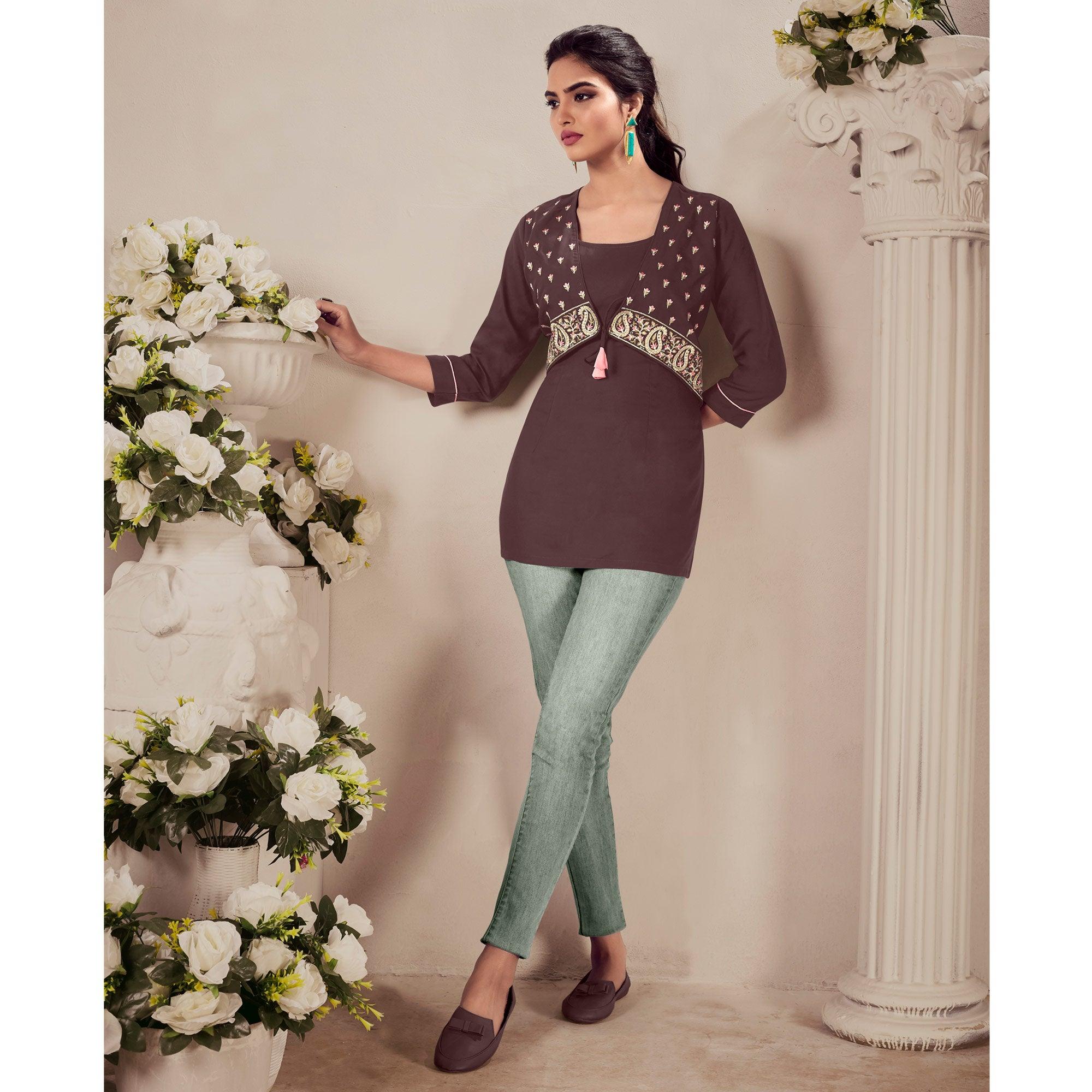 Brown Casual Wear Floral Embroidered Rayon Top - Peachmode