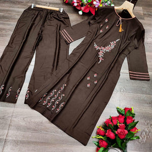 Brown Casual Wear Floral Embroidered Silk Two Tone Palazzo Suit - Peachmode
