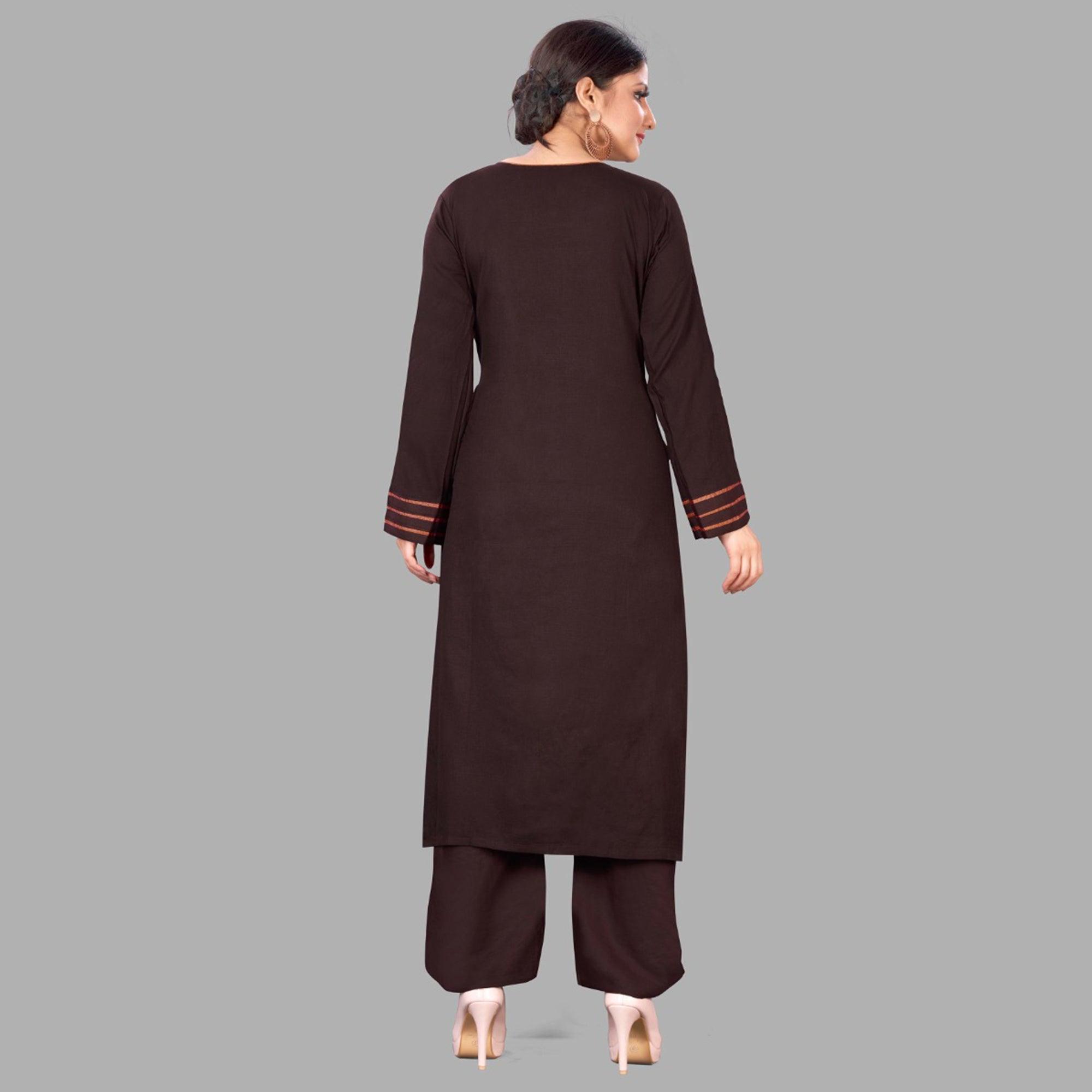 Brown Casual Wear Floral Embroidered Silk Two Tone Palazzo Suit - Peachmode