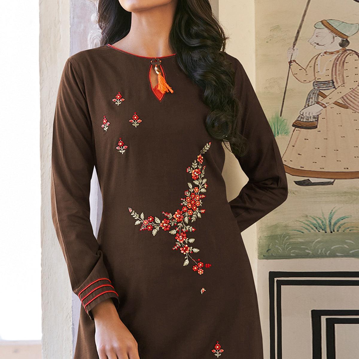 Brown Casual Wear Floral Embroidered Silk Two Tone Palazzo Suit - Peachmode